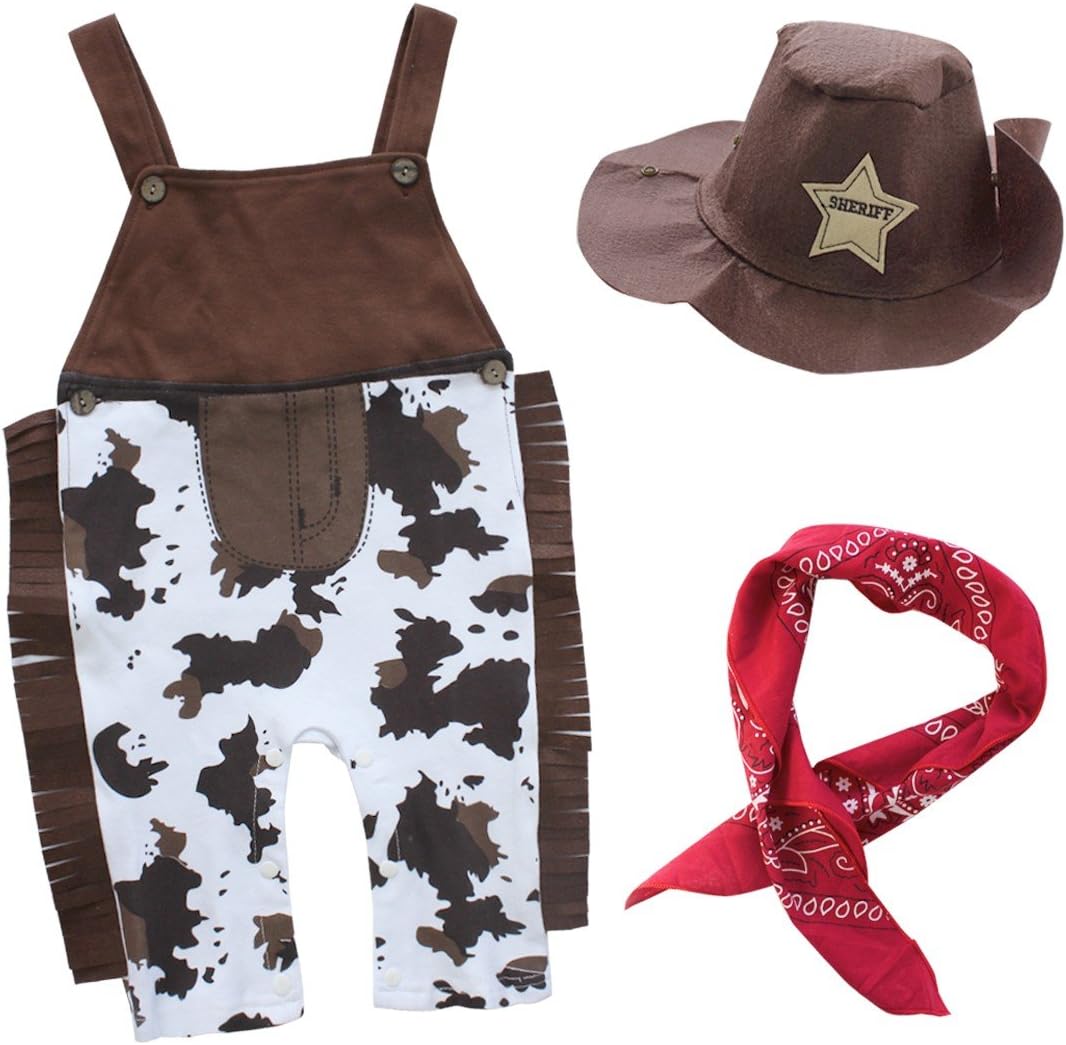 Moily Baby Boys Cowboys Costume Suspender One Piece Romper with Hats Bib Wild West Fancy Outfit