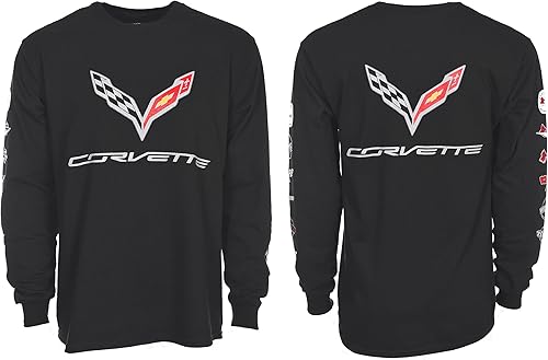 JH DESIGN GROUP Camiseta negra de manga larga Chevy Corvette C7 para hombre, con logotipos en la parte delantera y trasera