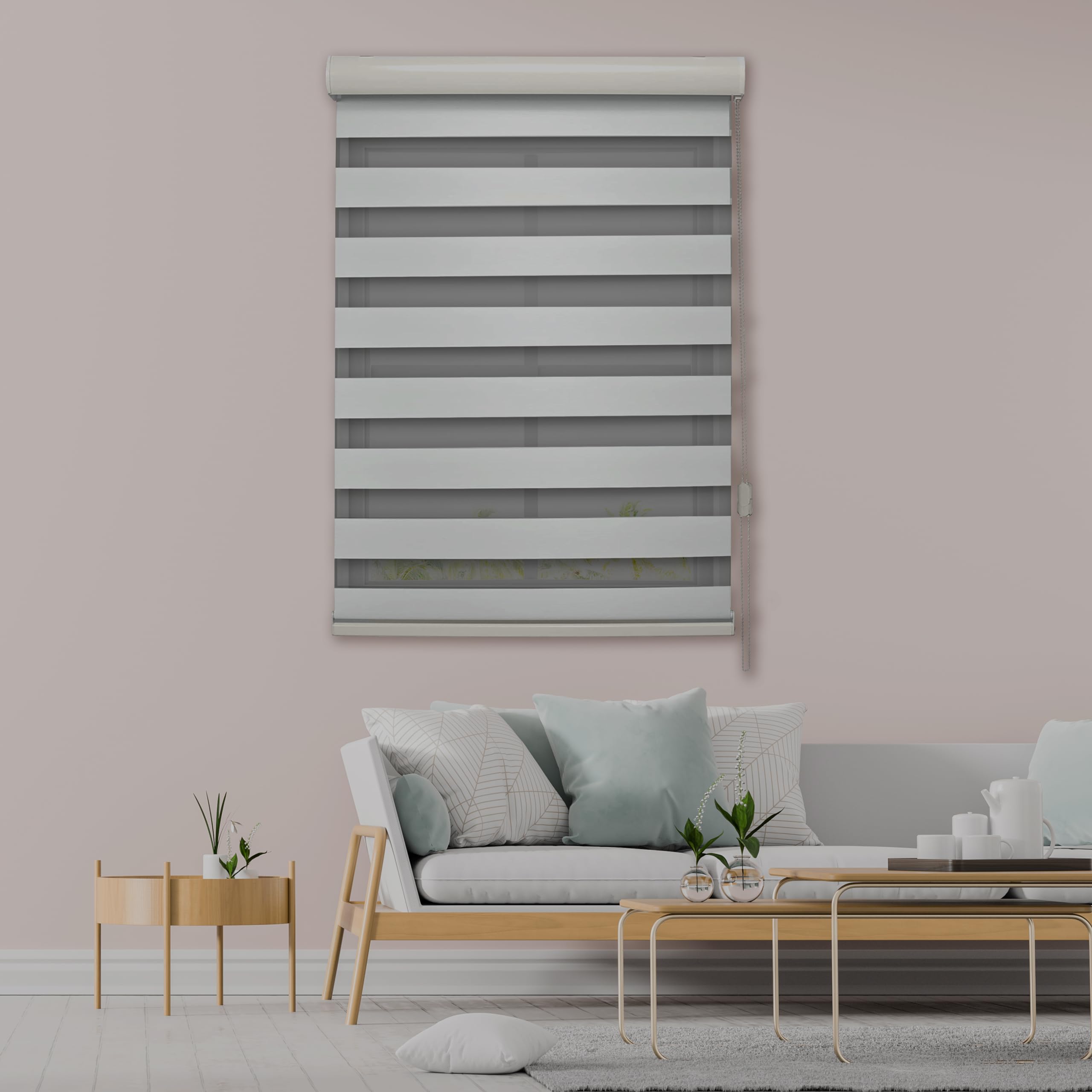 Persianas tipo cebra, tratamientos de ventana de doble capa transparente, control de luz de privacidad, tiras de tirar, cortinas enrollables para ventana de día y noche (34 pulgadas de 3