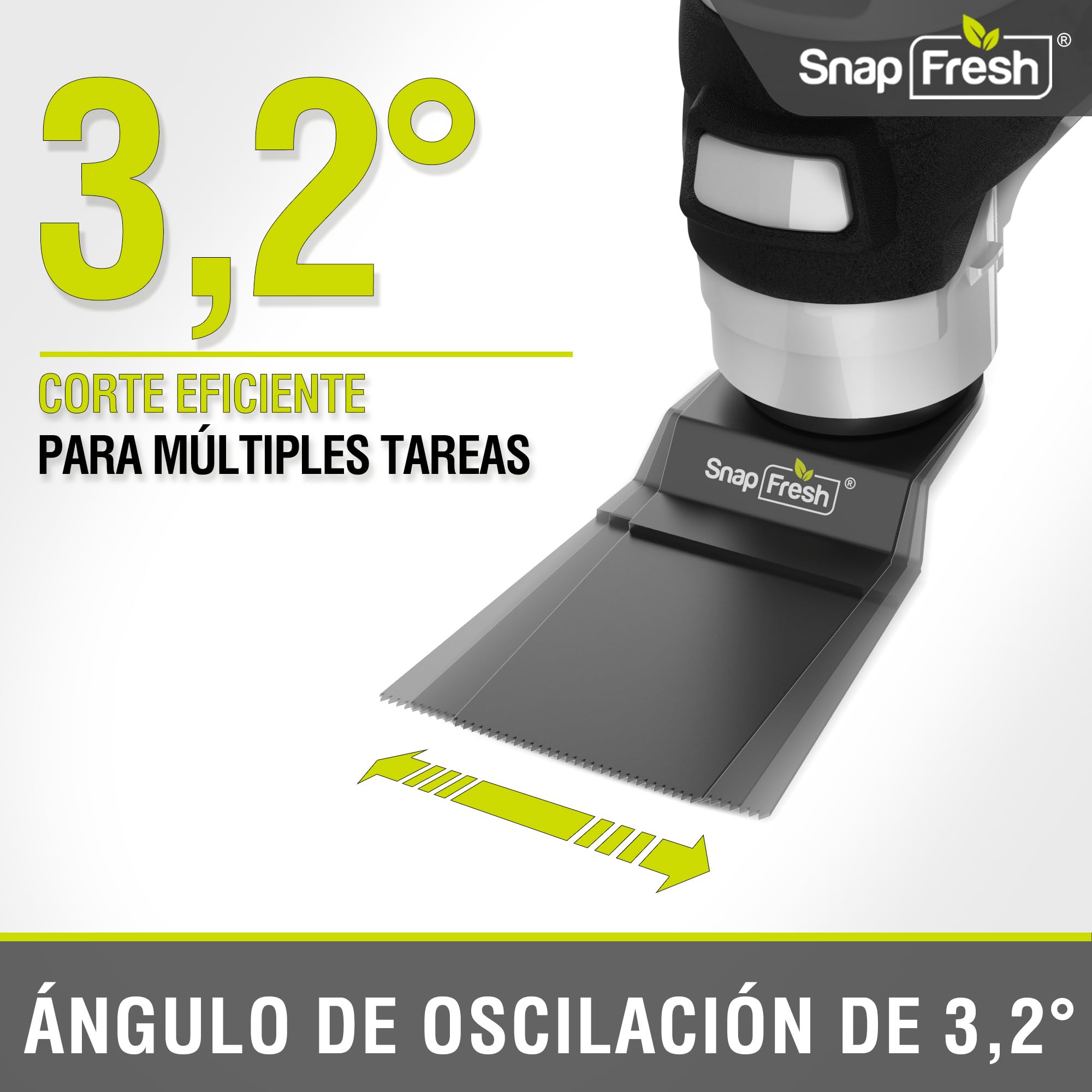 SnapFresh Herramienta Multifunción Oscilante Sin Cable 20V, 6 Velocidades Ajustables, Batería 2,0 Ah y Cargador Rápido, Ángulo de Oscilación 3,2°, 20 Accesorios para Corte, Lijado y Raspado