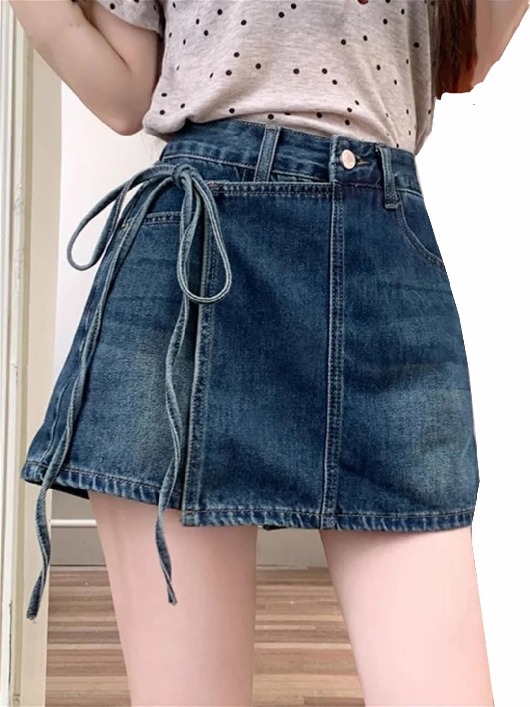 Gonna corta da donna in denim con lacci in tinta unita casual versatili gonne a vita svasata