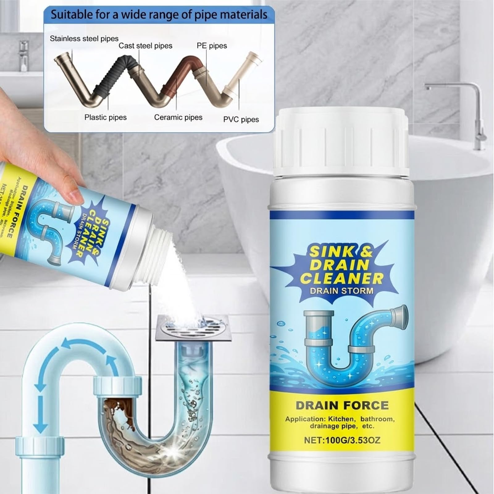 2026 Neu Abflussreiniger Extra Stark 100G Multifunktional Rohrreiniger Extrem Stark Drain Cleaner für Bad Küche Toilette 2 Stück