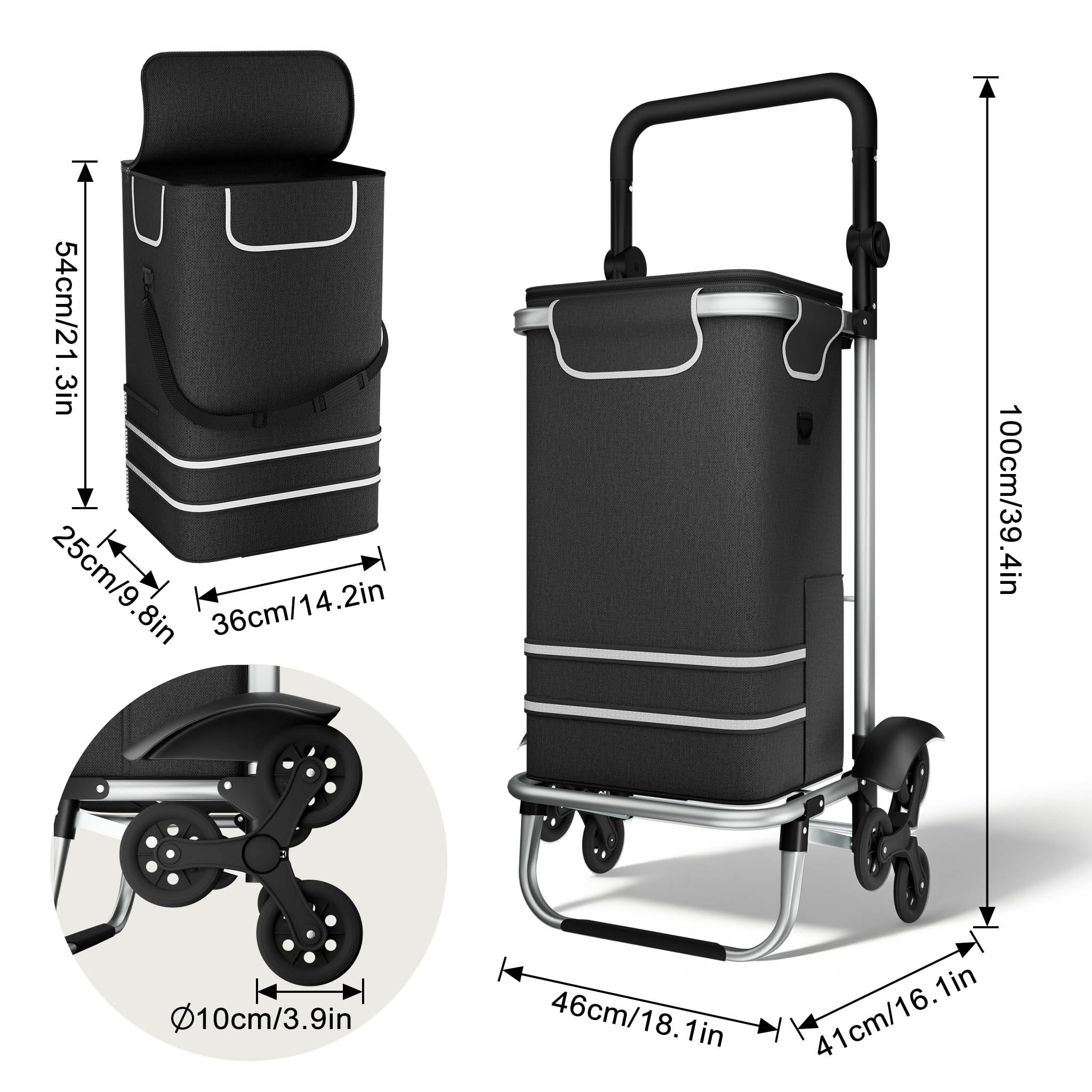 LARS360 Einkaufstrolley Faltbar mit Kühlfach 56L Einkaufswagen aus Aluminium 3 in 1 Trolley & Sackkarre & Umhängetasche 30kg Belastbar 3 Räder Treppensteiger für Einkauf Reisen Haushalt - Schwarz
