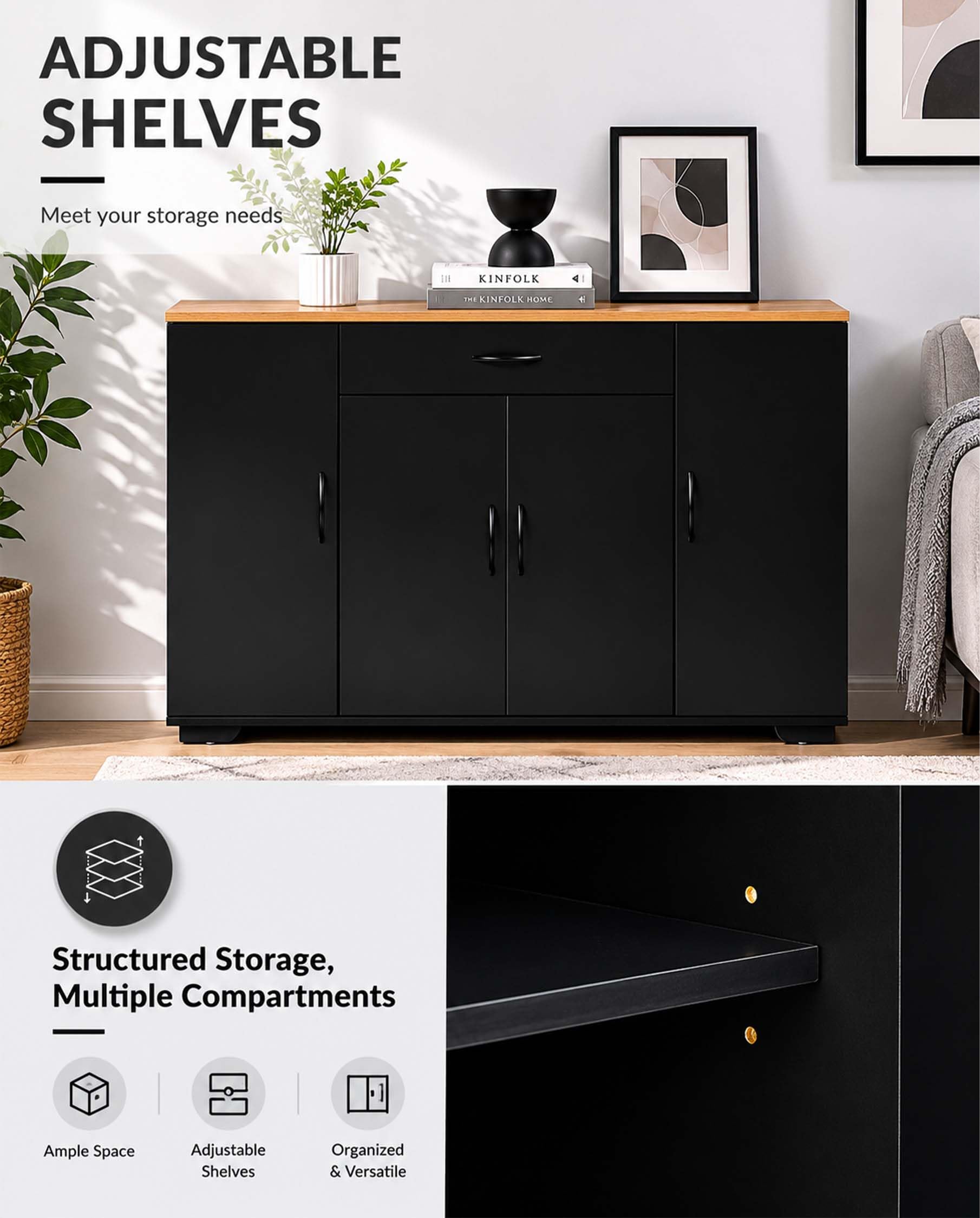 Küchenschrank mit Arbeitsplatte Schwarz Küchenkommode 110 x 30 x 70 cm mit Schublade und 4 Türen Küchenunterschrank schmal freistehend Sideboard Stauraum Küche Esszimmer