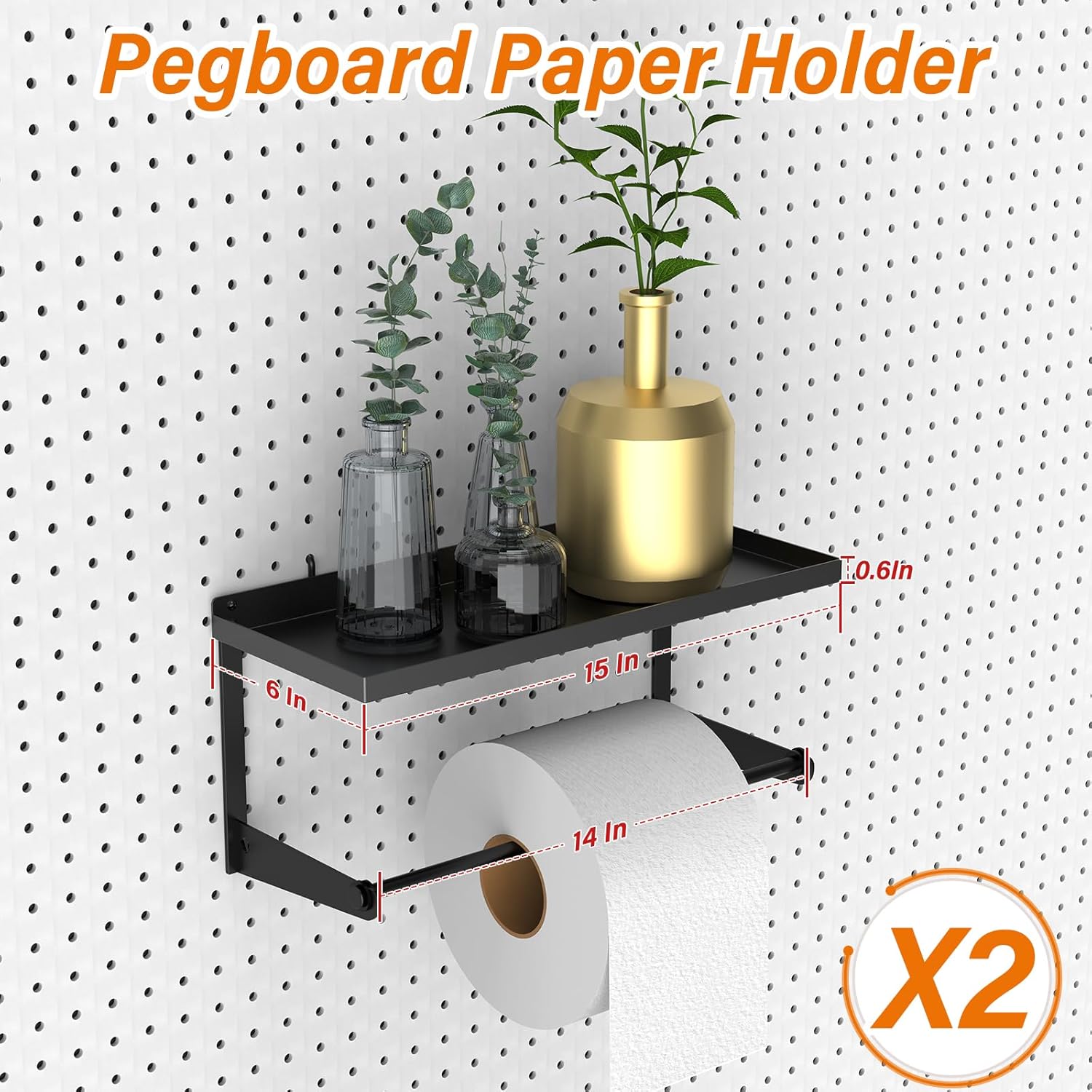 2 Pack Pegboard Paper Towel Holder with Shelf, Heavy Duty Peg Board Accessory, Metal Pegboard Organizer Accessories for Garage, Workshop, Craft Room