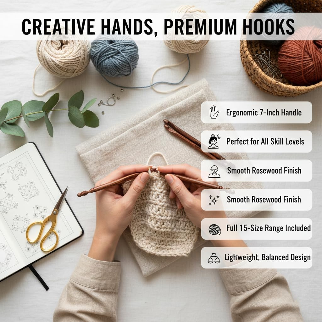 Wooden Crochet Hooks for Arthritic Hands - Ergonomic Soft Grip Handles with Engraved Sizes(3.5mm-25mm) - Rosewood Crochet Hook Set of 15 - for Chunky Yarns Crocheting - Gift for Her(Hooks Only)