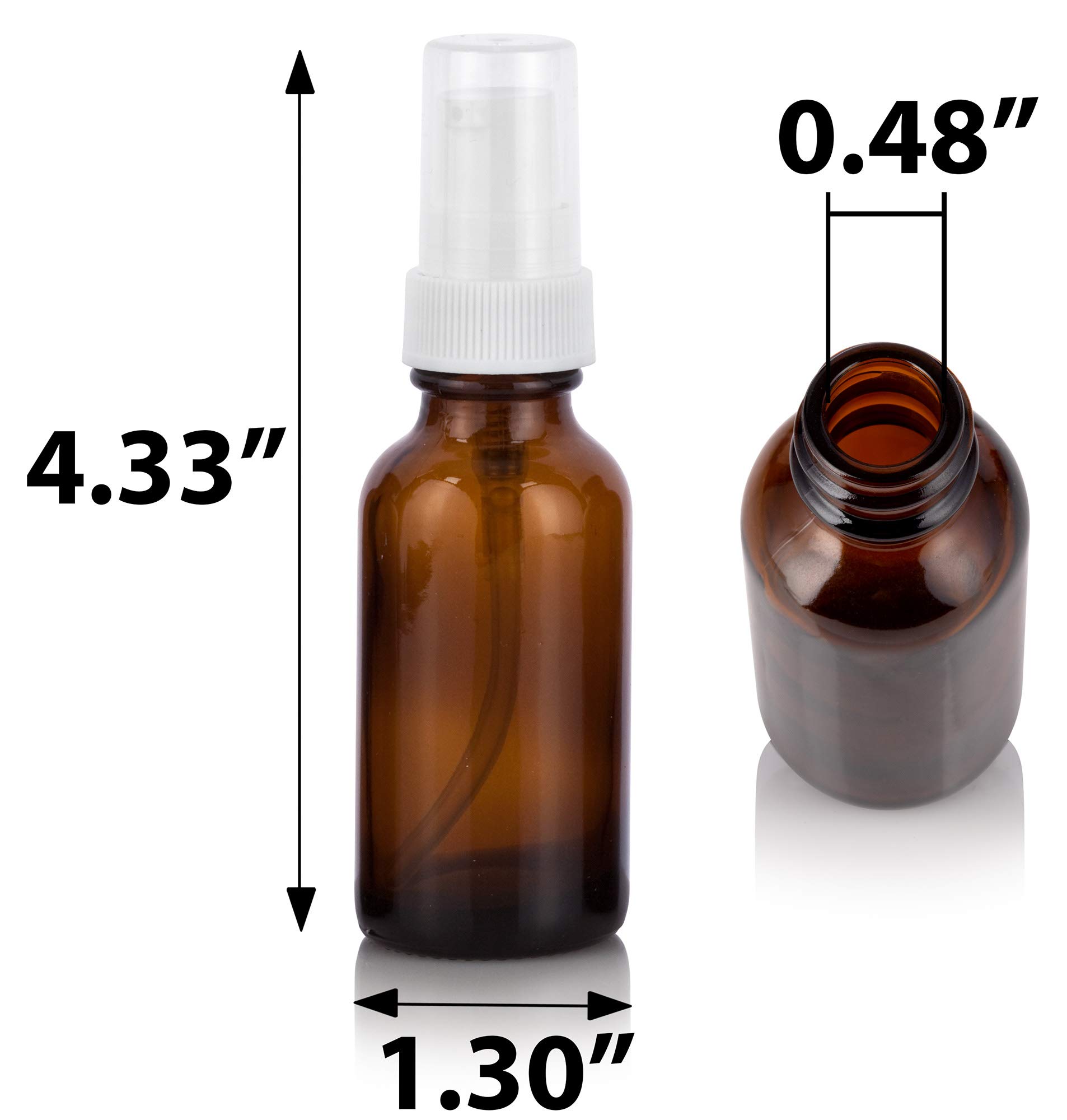 JUVITUS 1 oz Amber Glass Boston Round Bottle with White Treatment Pump (24 pack) + Funnel