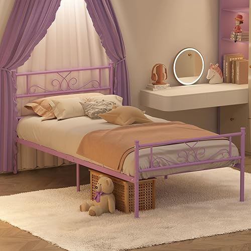 Miniatura 4 de Weehom Base de cama de tamaño individual con cabecero y estribo de listones de acero, soporte para cama de metal individual, no necesita somier,