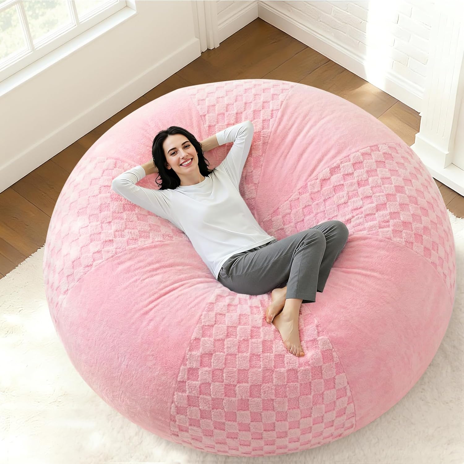 HABUTWAY 4FT Bean Bag Chair Teardrop Beanbag Chair with Memory Foam Filled Soft Plush Leaf alongside Checkboard Bean Bag Sofa with Removable Cover for Living Room,Bedroom-Plush Pink
