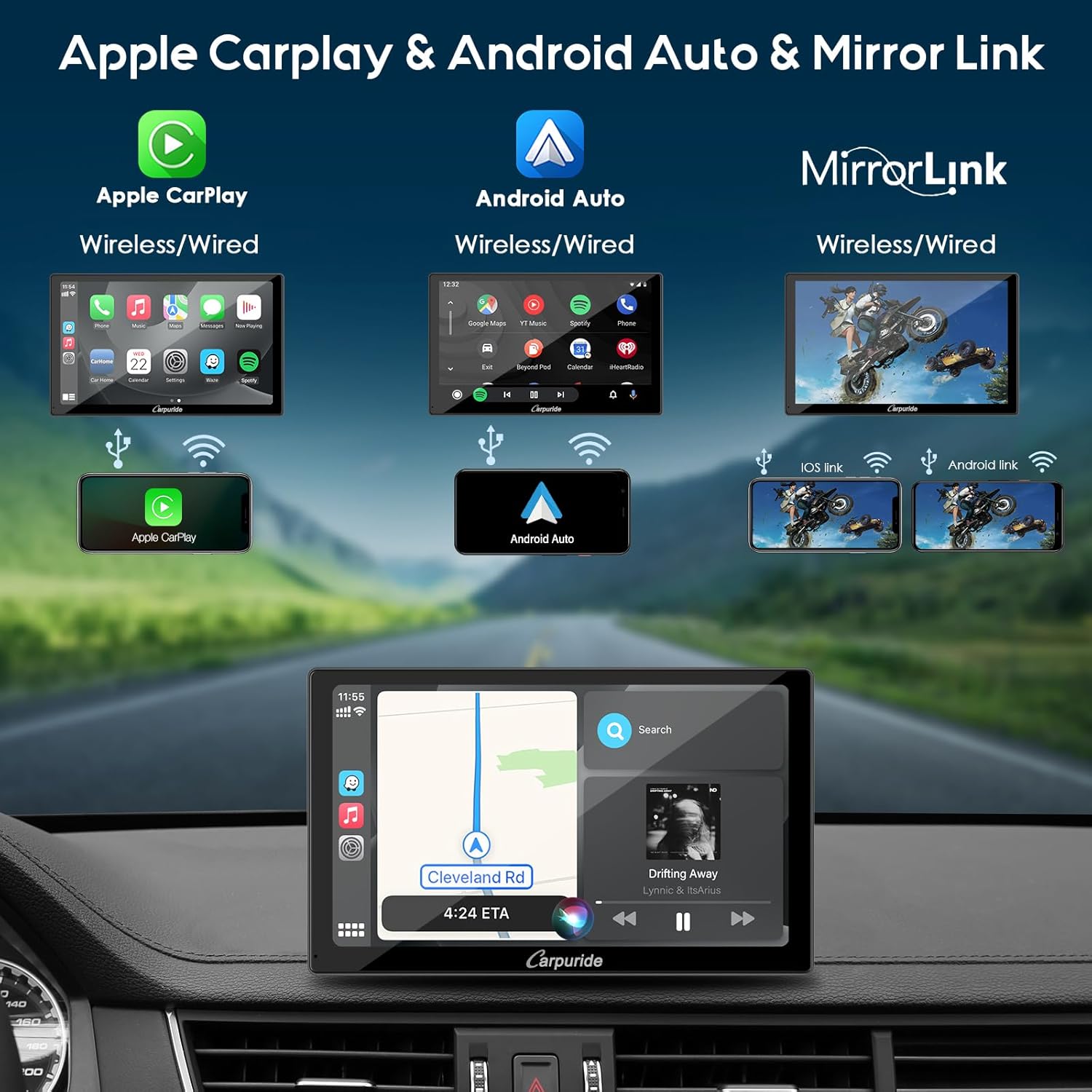Diagram illustrating wireless and wired connectivity options for Apple CarPlay, Android Auto, and Mirror Link on the Carpuride C98.