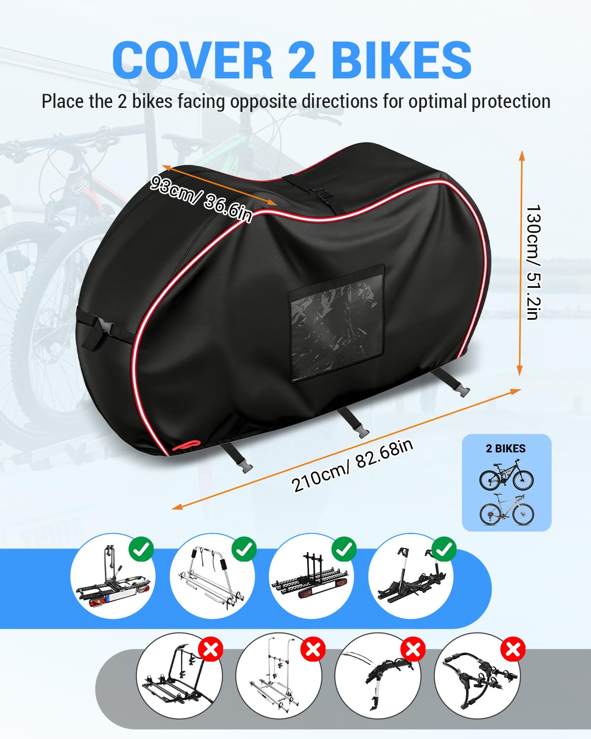 SUPAREE Telo Copri Bicicletta Impermeabile Copertura Bici Trasporto Copri Bicicletta 2 Bici per Camper 420D Oxford Antipioggia e Antistrappo Con Tasca per Cartelli di Avvertimento