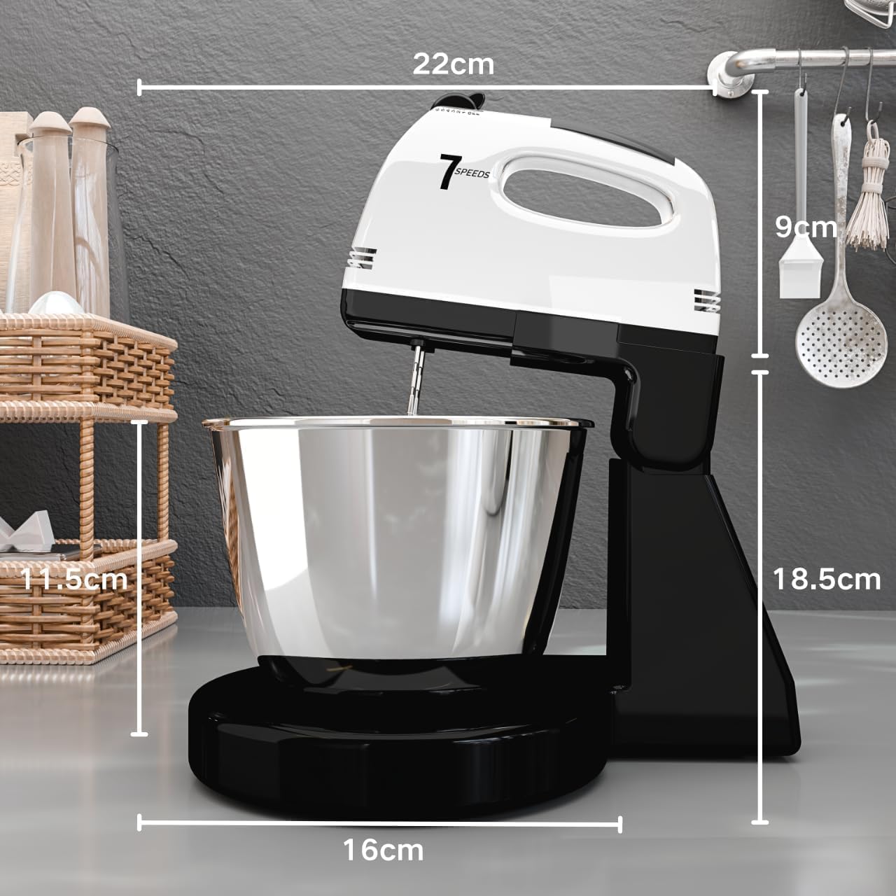 Batteurs sur socle, 7 vitesses avec bol en acier inoxydable 3QT, batteur sur socle et à main avec crochet pétrisseur, fouet, batteur mélangeur pour la cuisson (FG1)