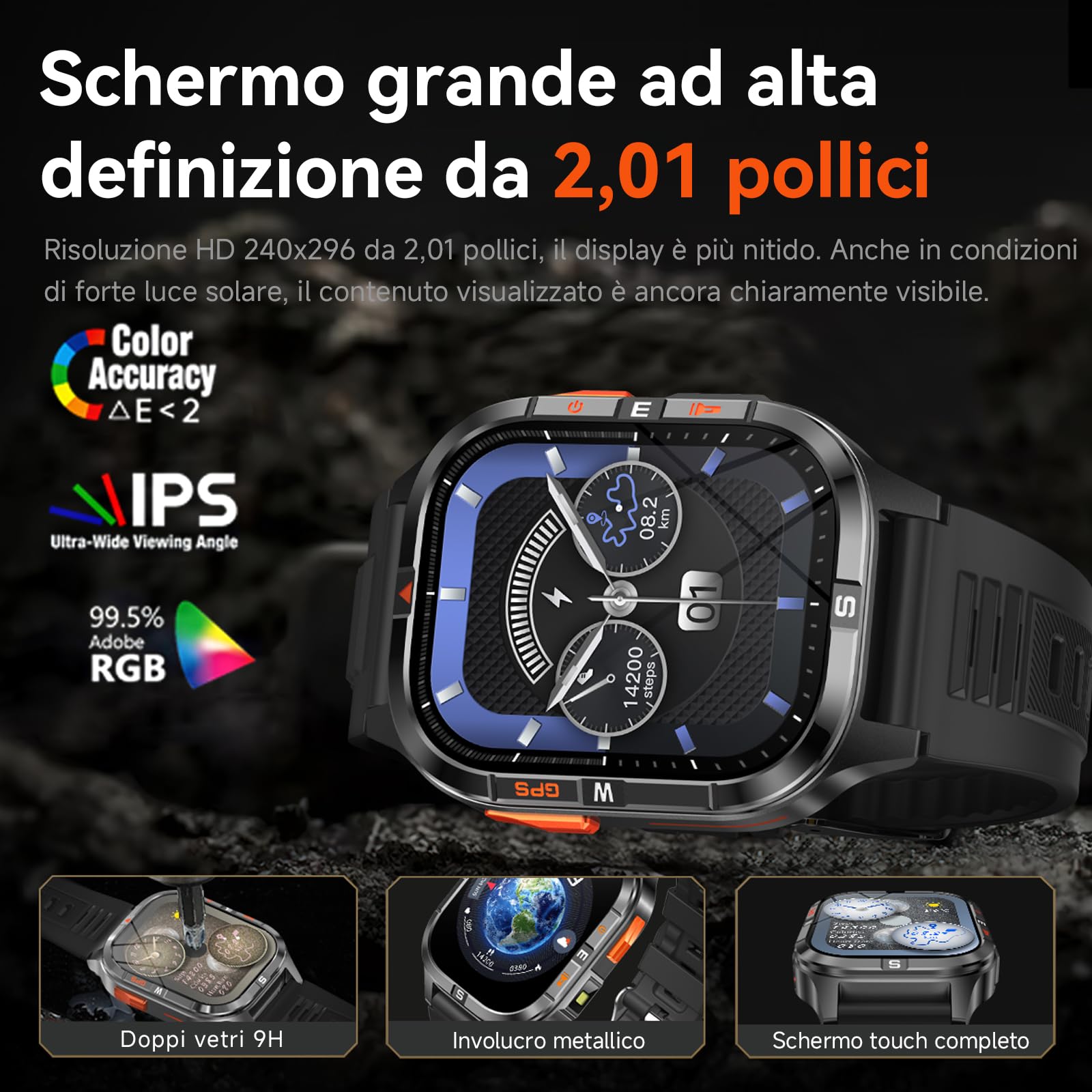Orologio intelligente GPS militare con bussola/altezza/torcia, 2,01 pollici con schermo HD, assistente vocale/chiamate Bluetooth, per Android e iOS, diverse modalità di movimento (Nero)
