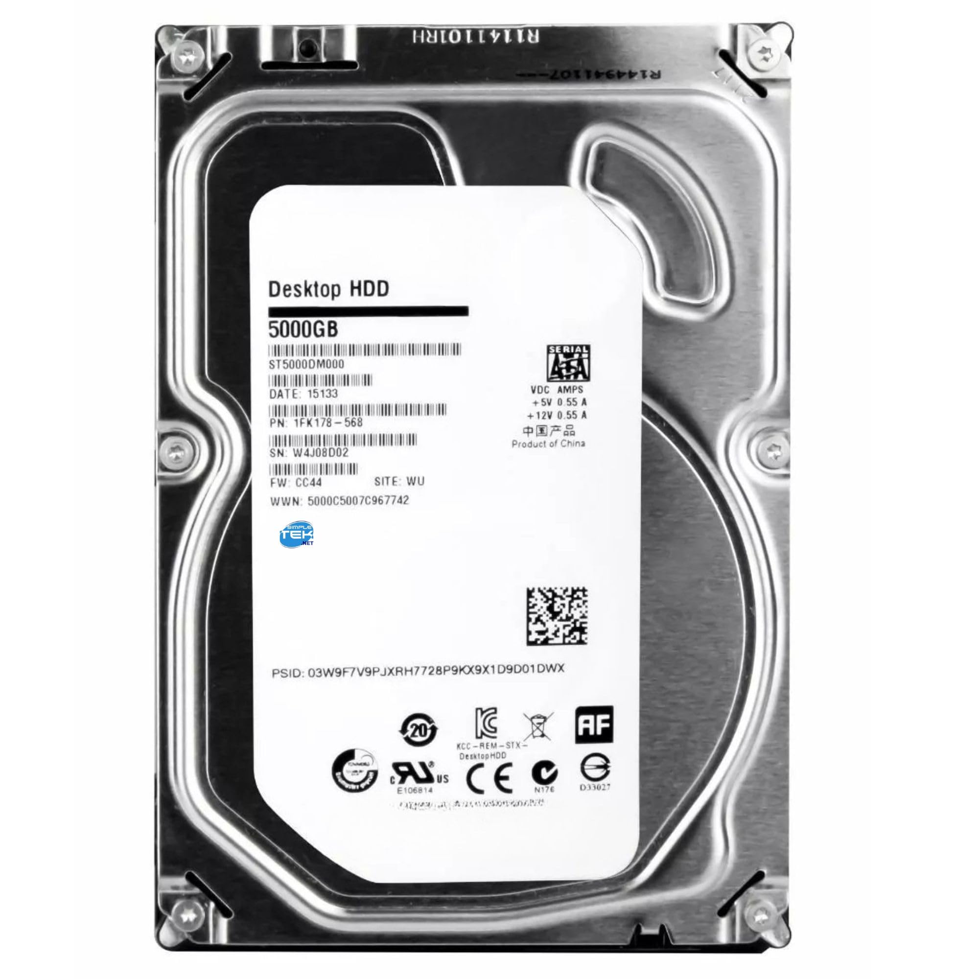 SIMPLETEK - HDD 3.5" SATA Desktop da 5TB | Cache 128MB 5900RPM | Disco Rigido per Server, NAS, DVR e PC (ST5000DM000) (Ricondizionato)