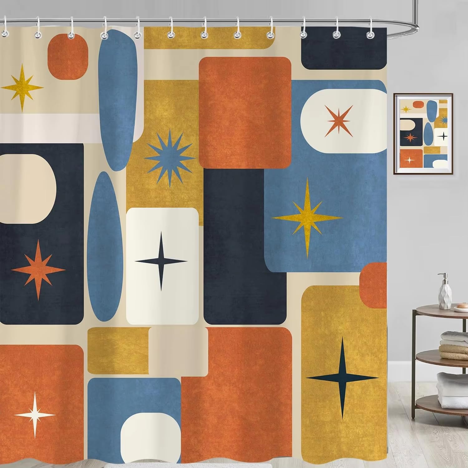 Duschvorhang 240x200 mit Geometrischem Sternenmuster im Mid-Century-Modern-Stil,Abstrakter Retro-Badezimmervorhang mit Haken,Ästhetischer,Wasserdichter Badewannenvorhang aus Polyestergewebe,Farbenfr