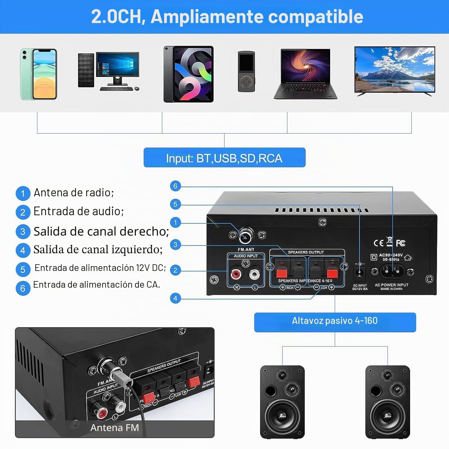 Woopker AK45 PRO Amplificador Audio, 2.0CH Bluetooth 5.0 50Wx2 Salida HiFi Amplificador de Potencia de Audio, Receptor estéreo Amplificador Audio para Cine en Casa, Coche Altavoz W/2 Mic/USB/Radio FM