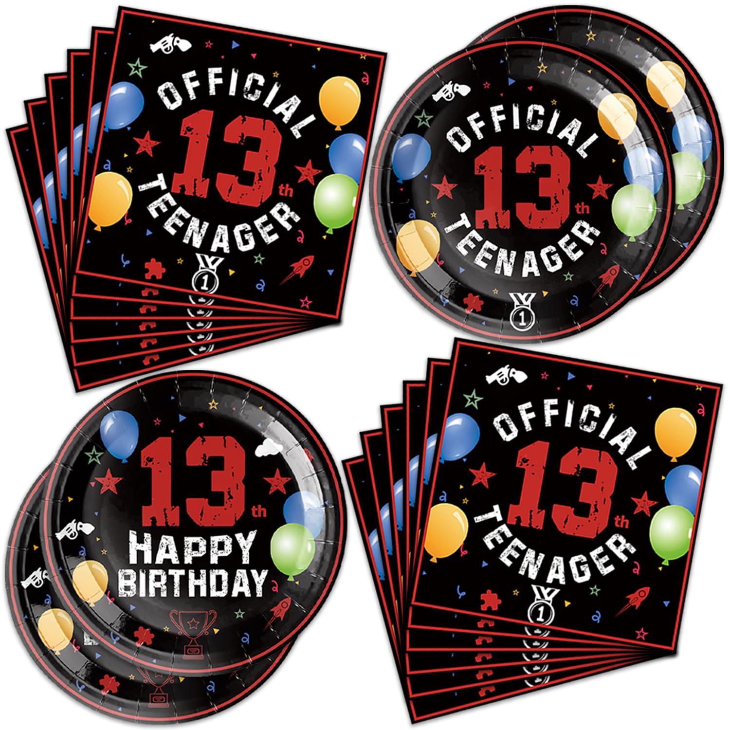 40Pcs 13th Birthday Decorations for Boys Red Black 13th Birthday Party Plates Napkins Tablecloth for Official 13 Teenager 13 Year Old Boy Birthday,