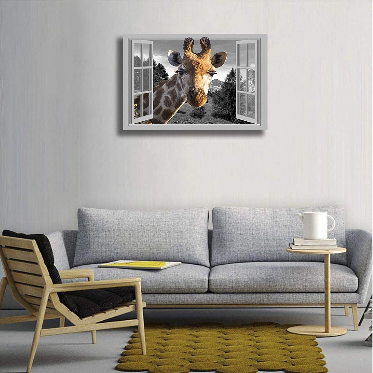 USIXA Giraffe Canvas Wall Art for Living Room Bedroom Wall Decor 16x24Inch Framed Animal Head from Open Window Bathroom Wall Decoration Prints Painting Black White Window View Landscape Wall Picture