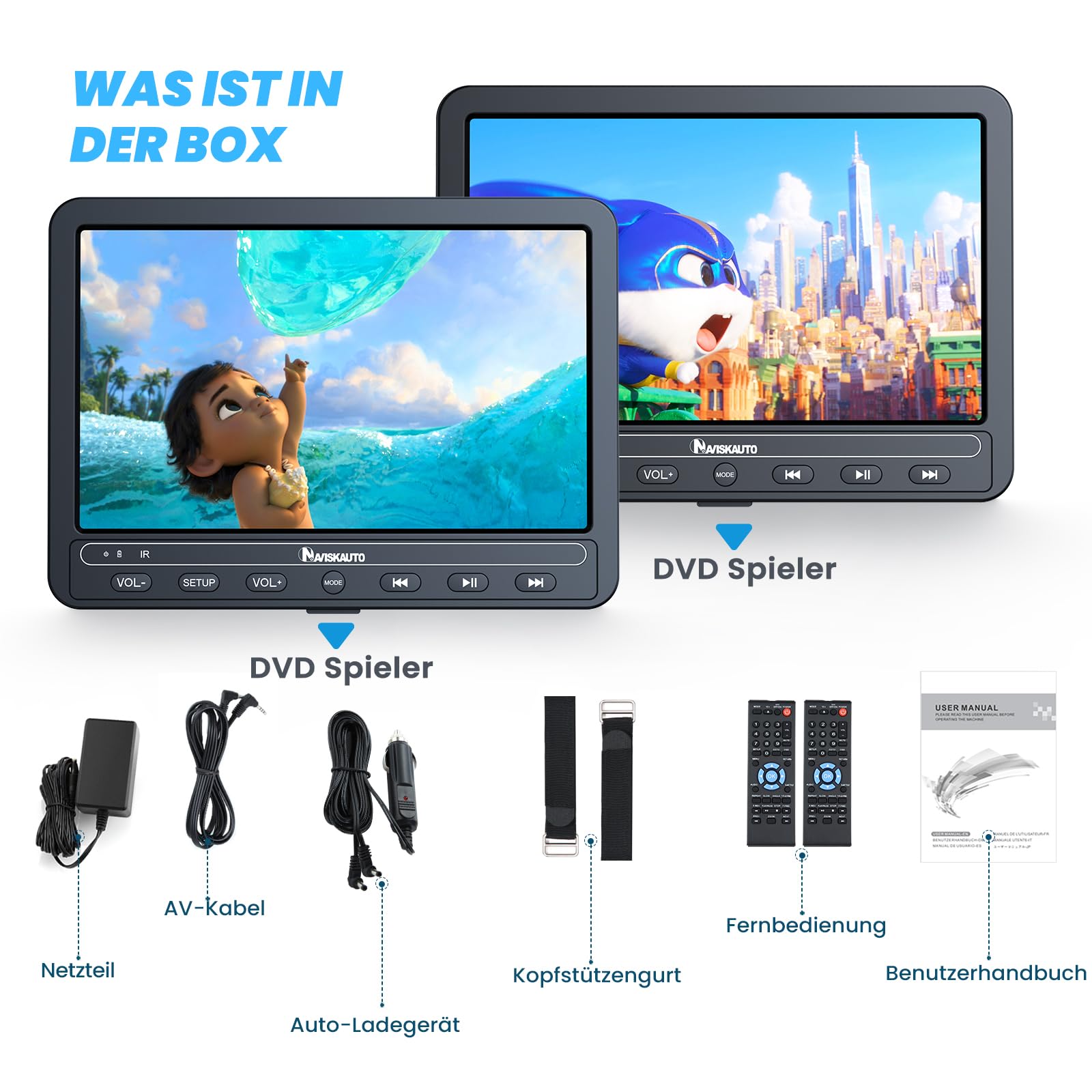 NAVISKAUTO 10,5 Zoll DVD Player Auto 2 Monitore Kopfstütze HDMI IN Mit 5 Stunden Akku, Auto Fernseher TV Kinder DVD-Player Unterstützt USB/SD-Karte, Last Memory, 2 Verschiedene Filme Spielen