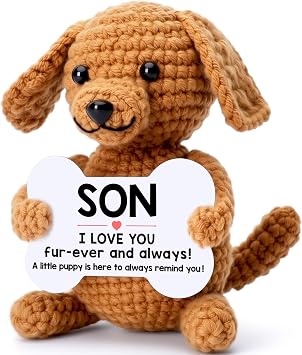 Funny Dog Fathers Day Son Gifts from Mom Dad, Graduation Birthday Gifts for Son in Law Bonus Stepson from Mother Father, I Love You Presents Cool Stuff Cute Things, Small Happy Crochet Dog Puppy