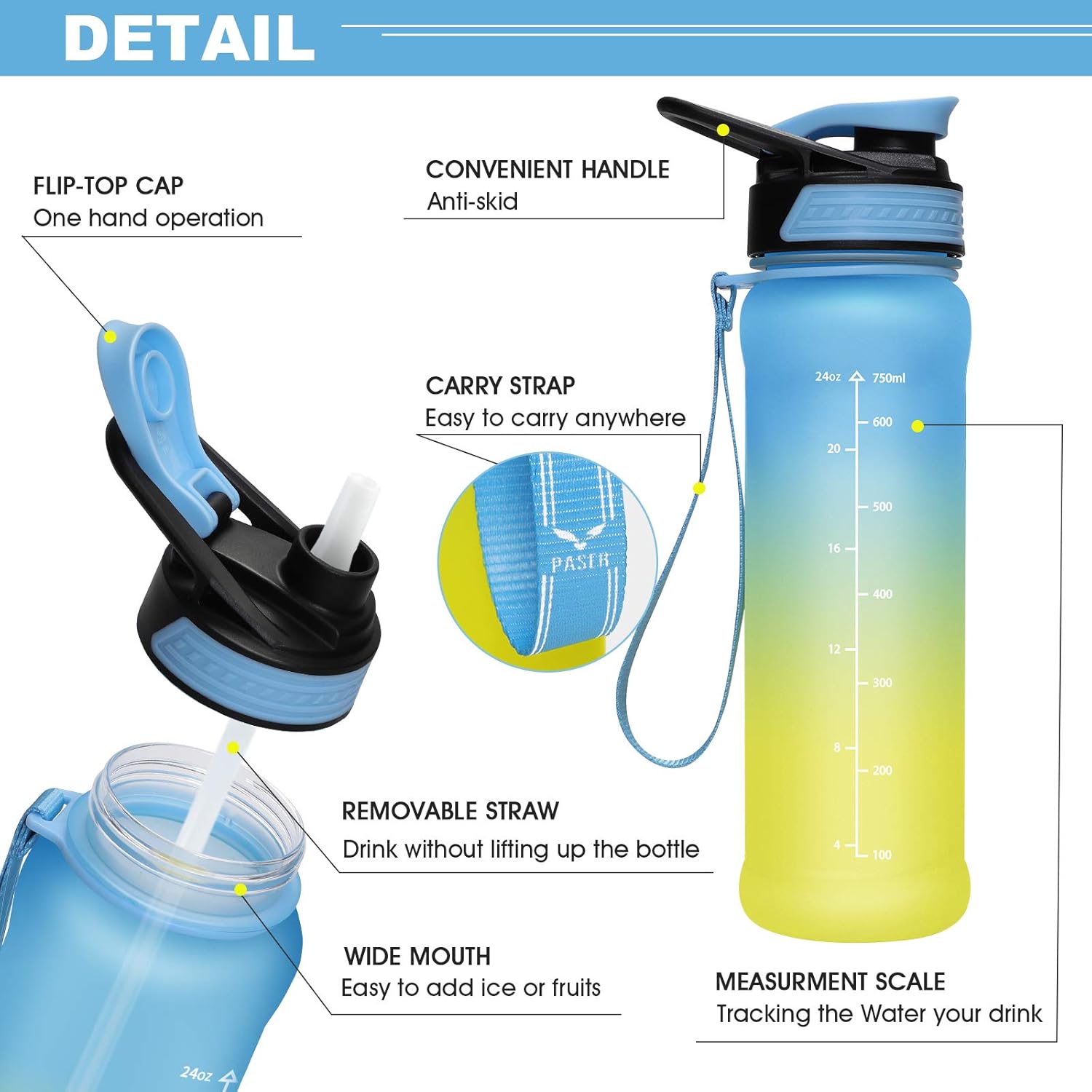PASER 24oz Water Bottles with Times to Drink, Leakproof TRITAN & BPA Free Drinking Water Bottle with Removable Straw to Provide Adequate Water for Your Body (with Gift Box, Straw Brush) : Sports & Outdoors