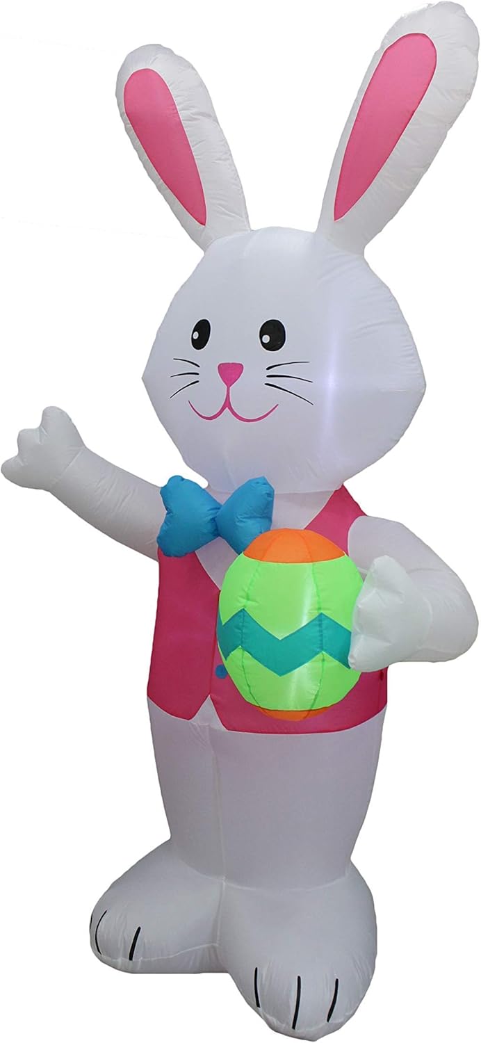 Two Easter Party Decorations Bundle, Includes 8 Foot Huge Inflatable Bunny Holding Easter Egg, and 4 Foot Tall Inflatable Cute Chick with Flower and Easter Egg