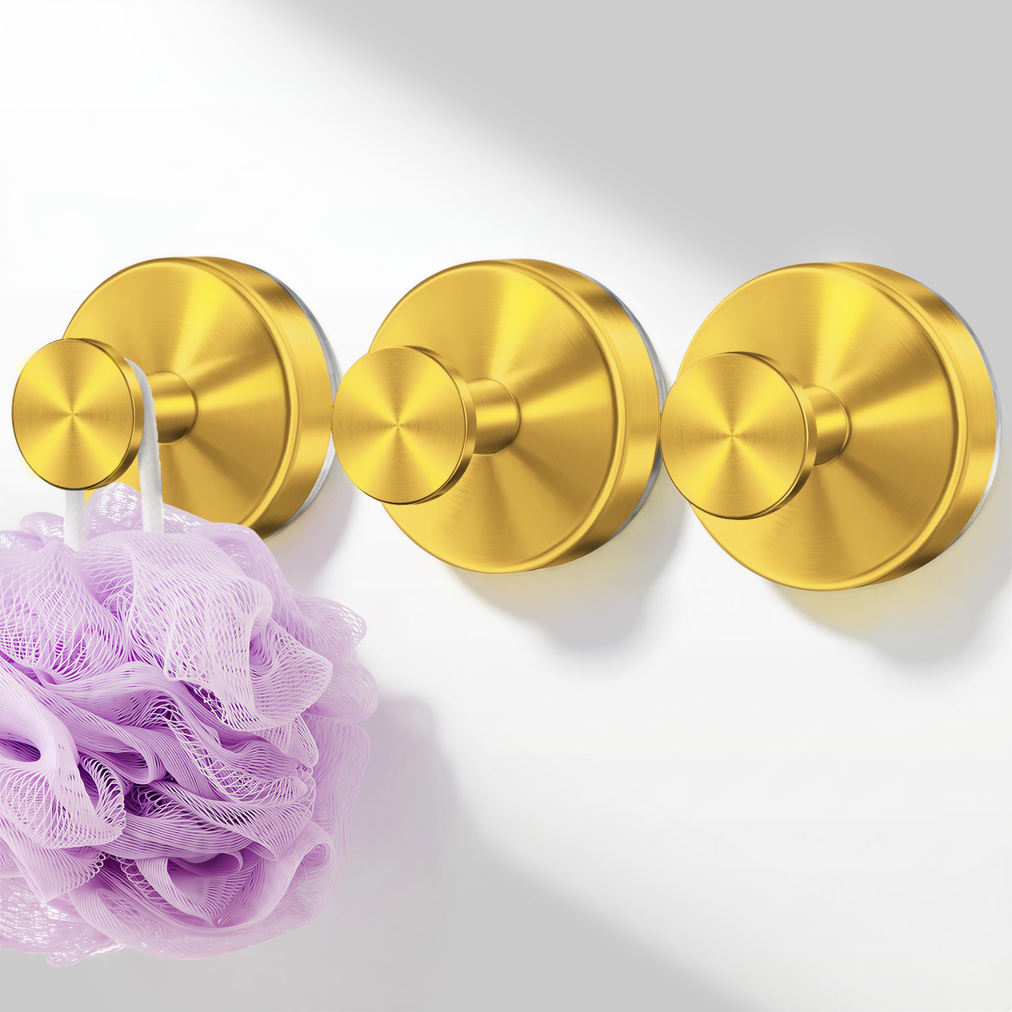 Photo 1 of **2 PACKS** Deluwire Suction Cup Hooks for Shower, No Drill Shower Suction Hooks for Bath Robe Looafh, Removable Towel Holder for Bathrooms Wall, Mirror, Tile, Window Glass, Non-Porous Surfaces, 3 Packs-Gold