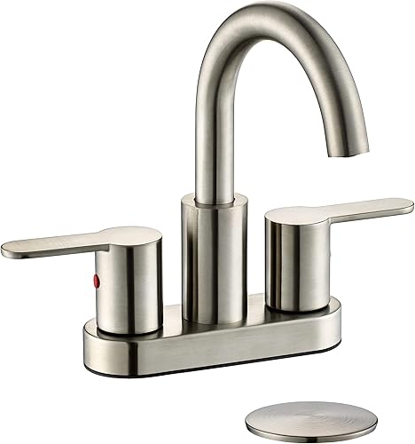 Grifo de Lavabo de Baño Centerset de 2 Manijas Níquel Cepillado con Ensamblaje de Desagüe, Arco Alto Moderno de 4 Pulgadas Grifo de Tocador de Baño