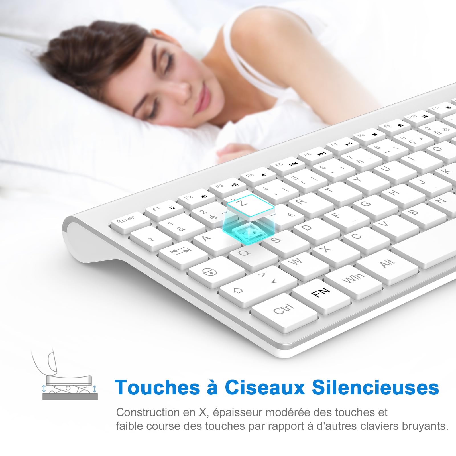 cimetech Clavier sans Fil, Clavier AZERTY Français avec Récepteur Nano USB 2.4GHz Ergonomique Compatible avec Windows/MacOS, Windows PC Laptop - Argent
