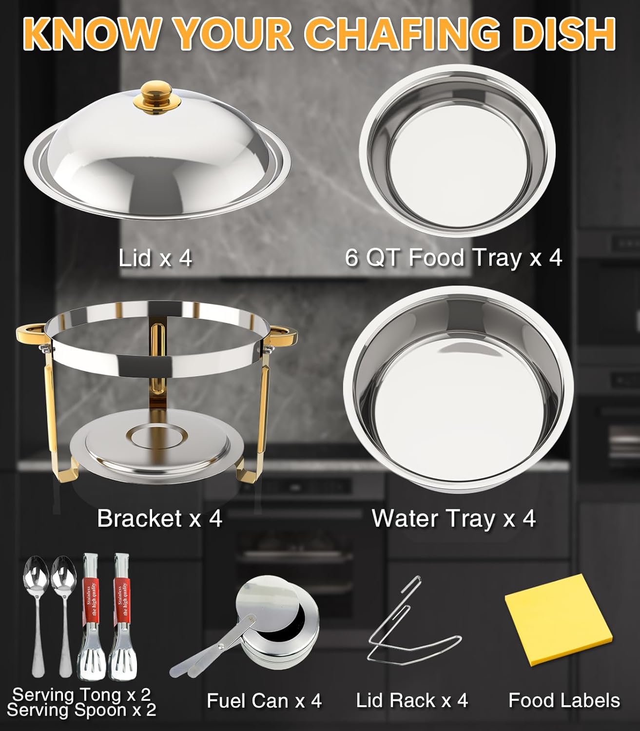 Chafing Dishes for Buffet 4 Pack, 6QT Round Chafing Dish Buffet Set Stainless Steel Buffet Food Warmers Set for Catering Events Party Dinner with Complete Set, Gold and Silver Chafing Dishes for Party - Image 3
