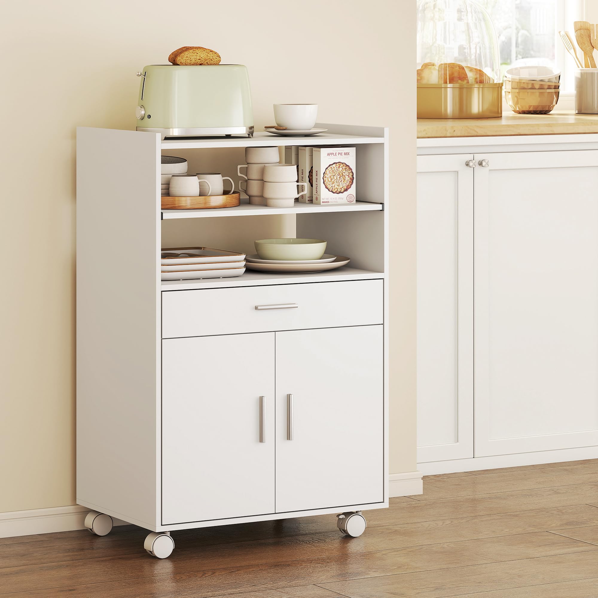 HOMCOM Mobile Microonde con Ruote, Credenza Cucina con Cassetto, Piano per Elettrodomestici, Armadietto a 2 Ante, Ripiano Estraibile e Ripiano Aperto, Carrello Cucina per Soggiorno, 59x40x92cm, Bianco