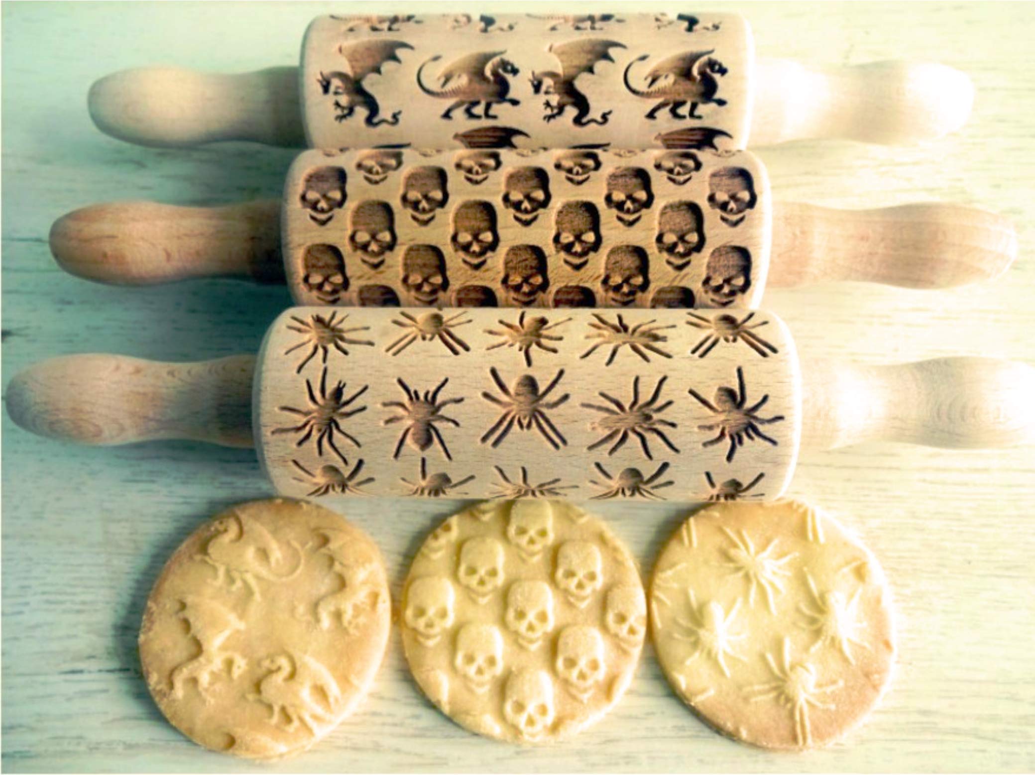 SET DE 3 rodillos infantiles CREEPY. Rollo de masa para repostería casera. Rodillo de Halloween. Rodillos grabados. Rodillo con patrón de Algis Crafts