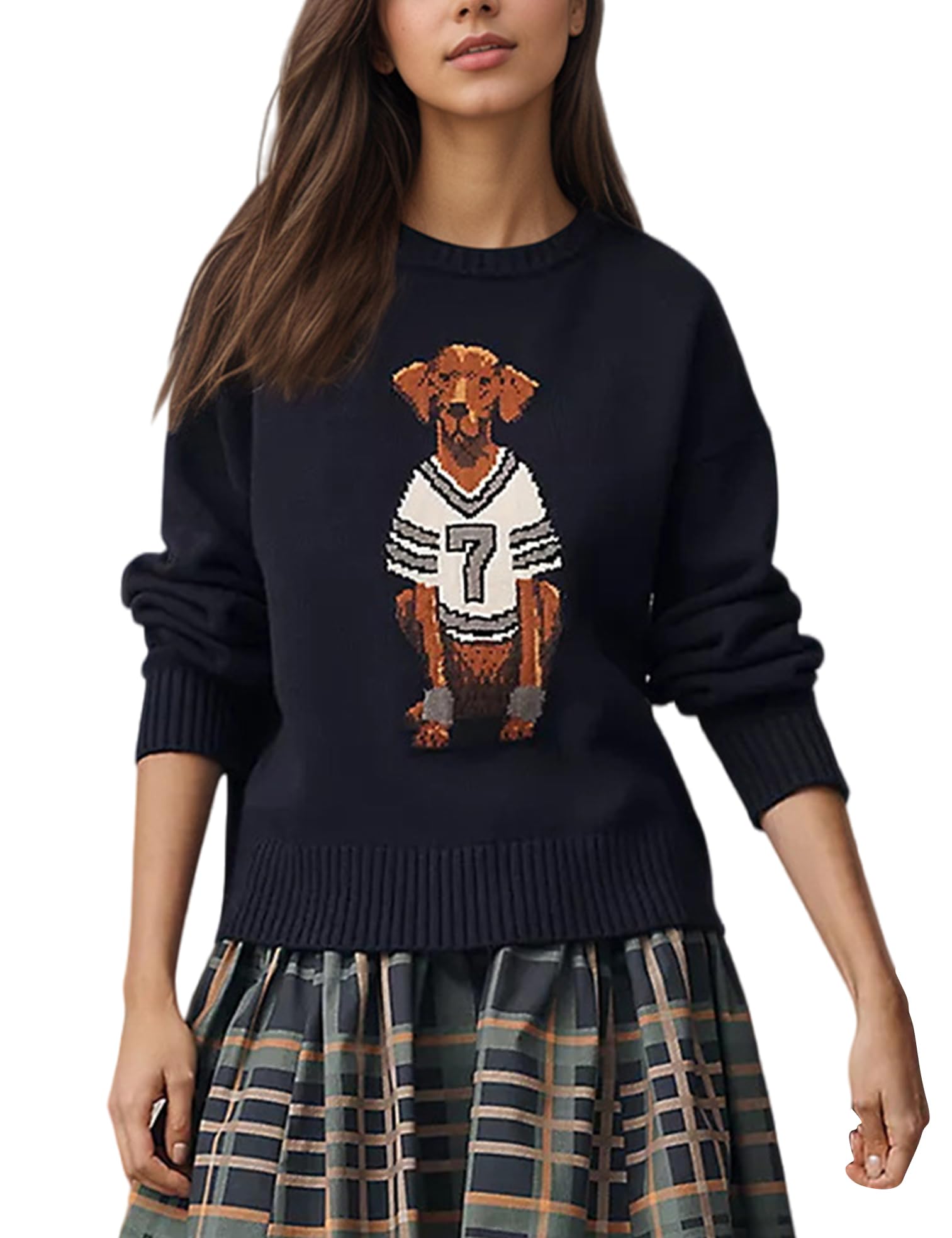 MISSACTIVER Dog Print Fall Sweaters for Women Long Sleeve Casual Crew Neck Graphic Pullover Knit Tops Trendy Outfits