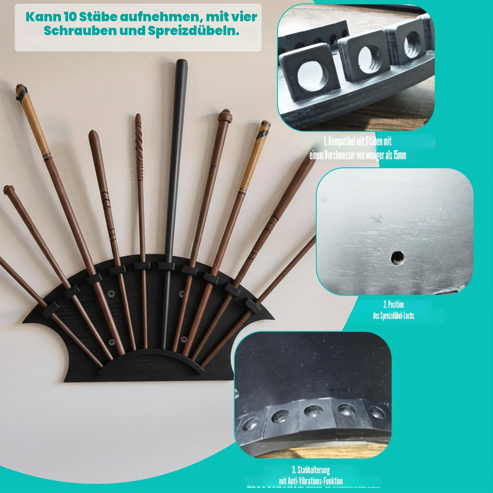 zauberstab halterung für die Wand, 10 Steckplätze, 33,4 x 15 cm, kompatibel mit Stäben bis zu 15 mm, speziell für Sammler und Liebhaber von Zauberstäben