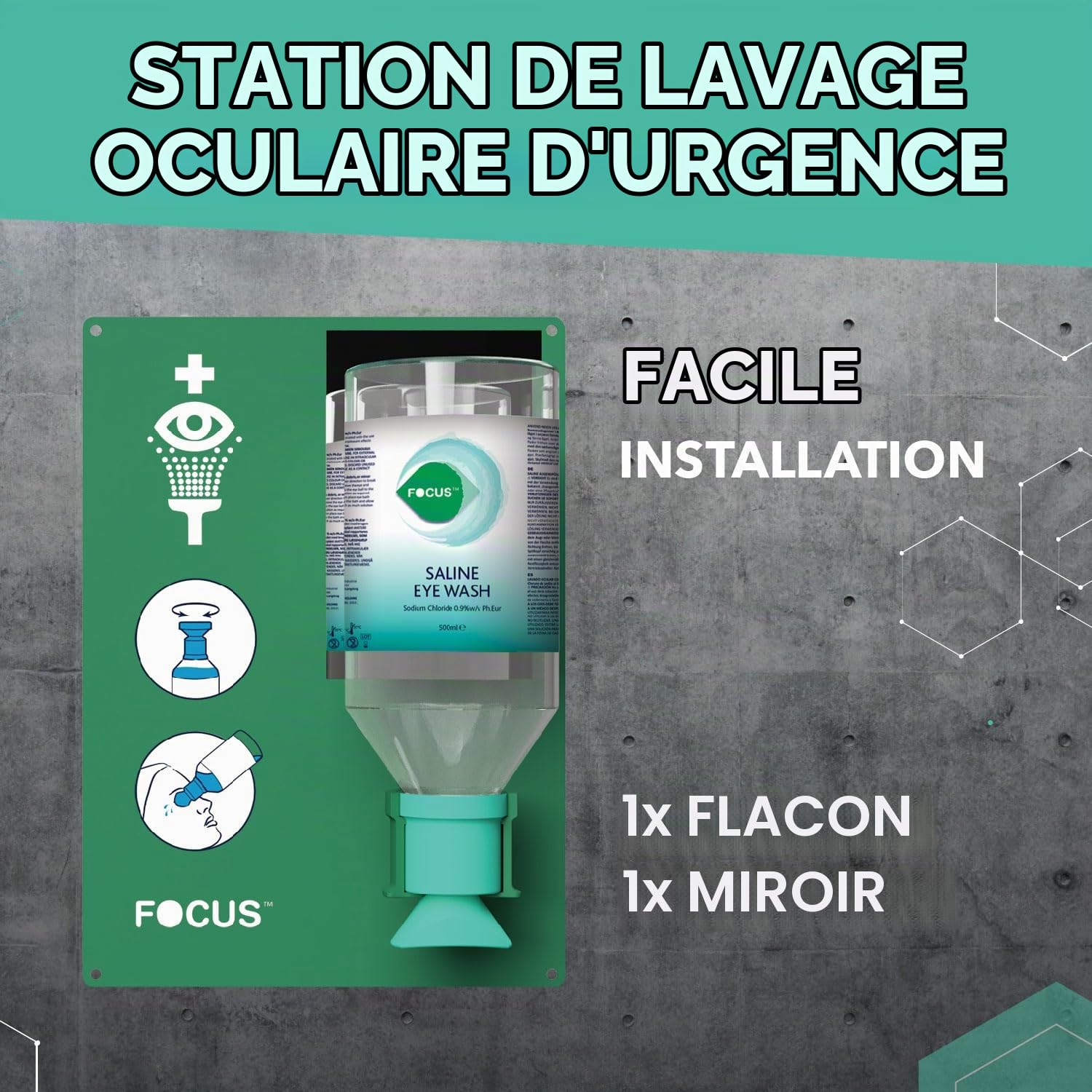 Station Murale De Lavage D'Urgence Focus Avec Support - Traitement Efficace et Stérile pour les Yeux, Facilement fixable au mur, Ideal sur le lieu de travail, dans les écoles