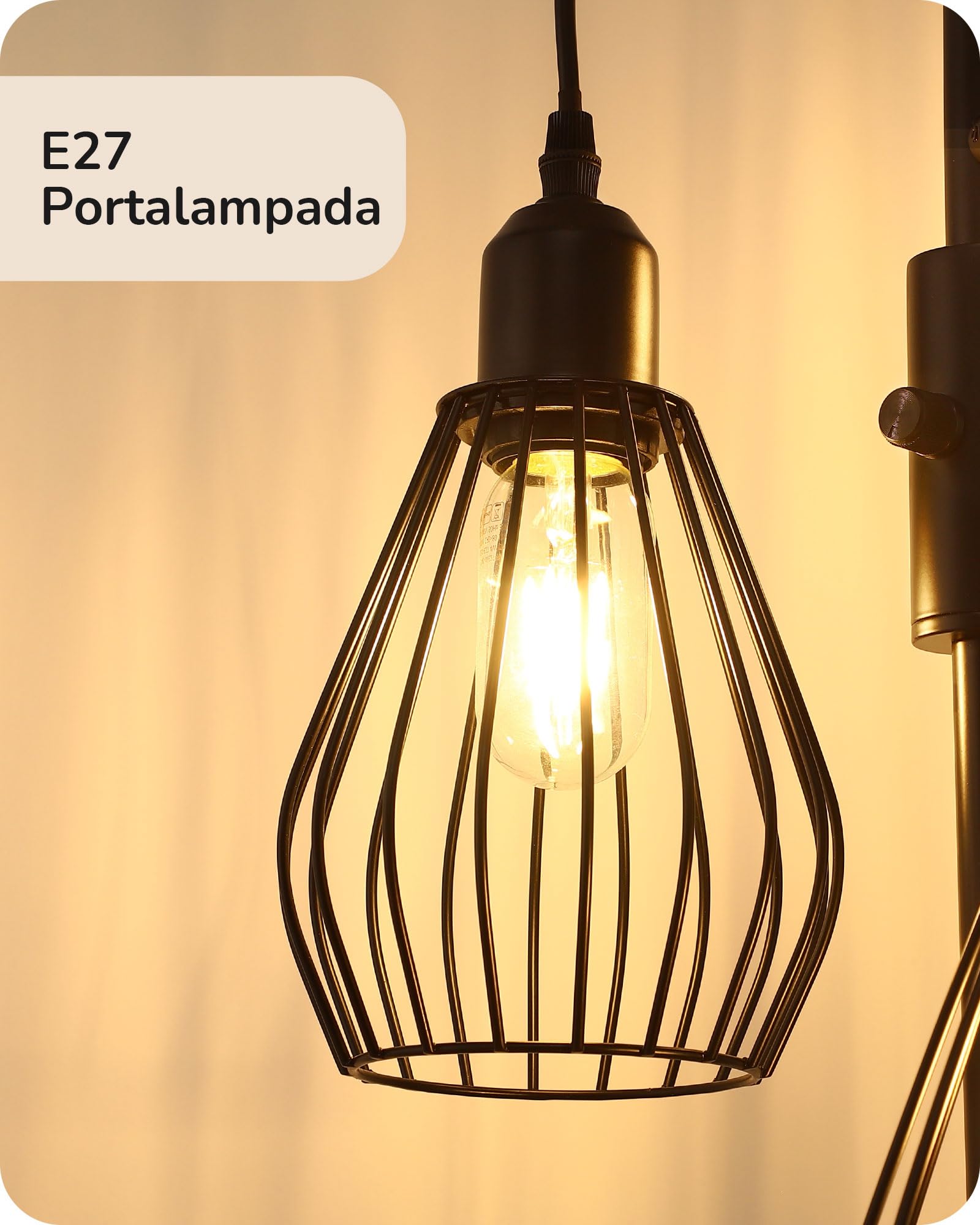 EDISHINE Lampada da terra industriale per soggiorno, 3 lampadine LED E27 incluse, bianco caldo 2700K, paralume in gabbia di metallo nero Lampada da terra design vintage retrò dimmerabile, 166 CM