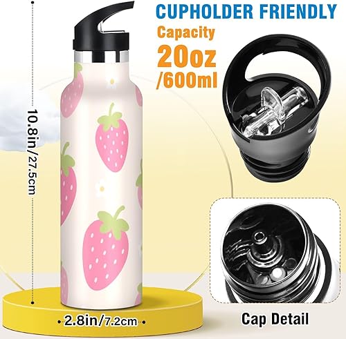 Miniatura 2 de Cute Cartoon Strawberry Beige Leakproof BPA Free Reusable Water Bottle with Leak Proof Spout Lid Double-Wall Insulation for Sport Gym Outdoor Travel