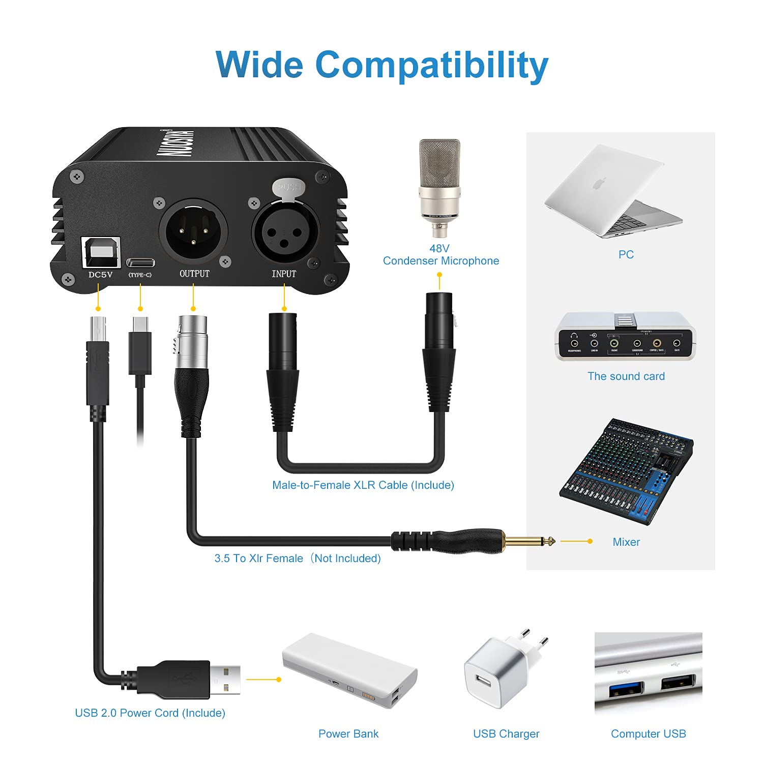 Bloc d'alimentation fantôme 1 canal 48 V avec câble USB, câble XLR 3 m (mâle vers femelle), anti-bruit, alimentation stable, pour tout microphone à condensateur équipement d'enregistrement de