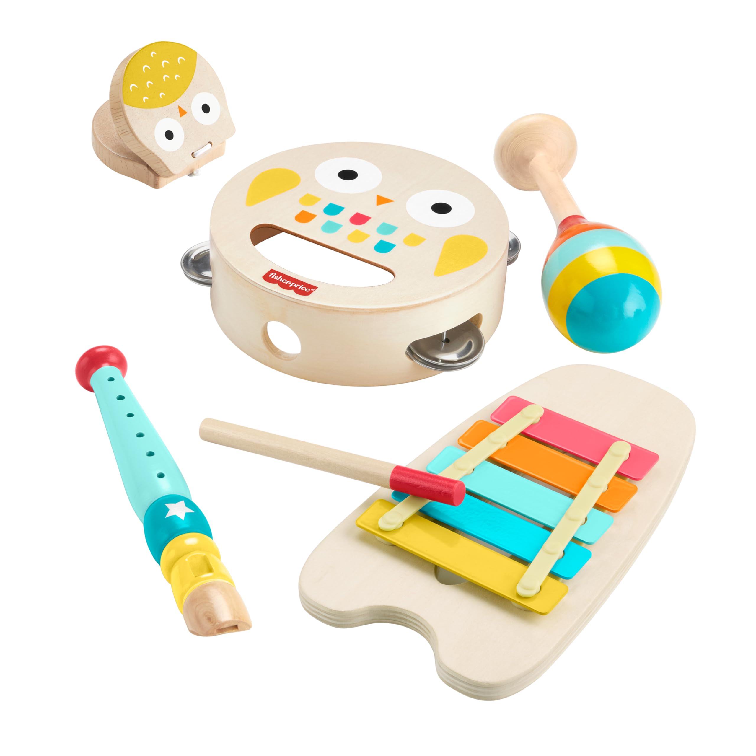 Fisher-Price Drewniane instrumenty Zestaw prezentowy z 6 drewnianymi elementami dla dzieci od 2 roku życia, HXT90