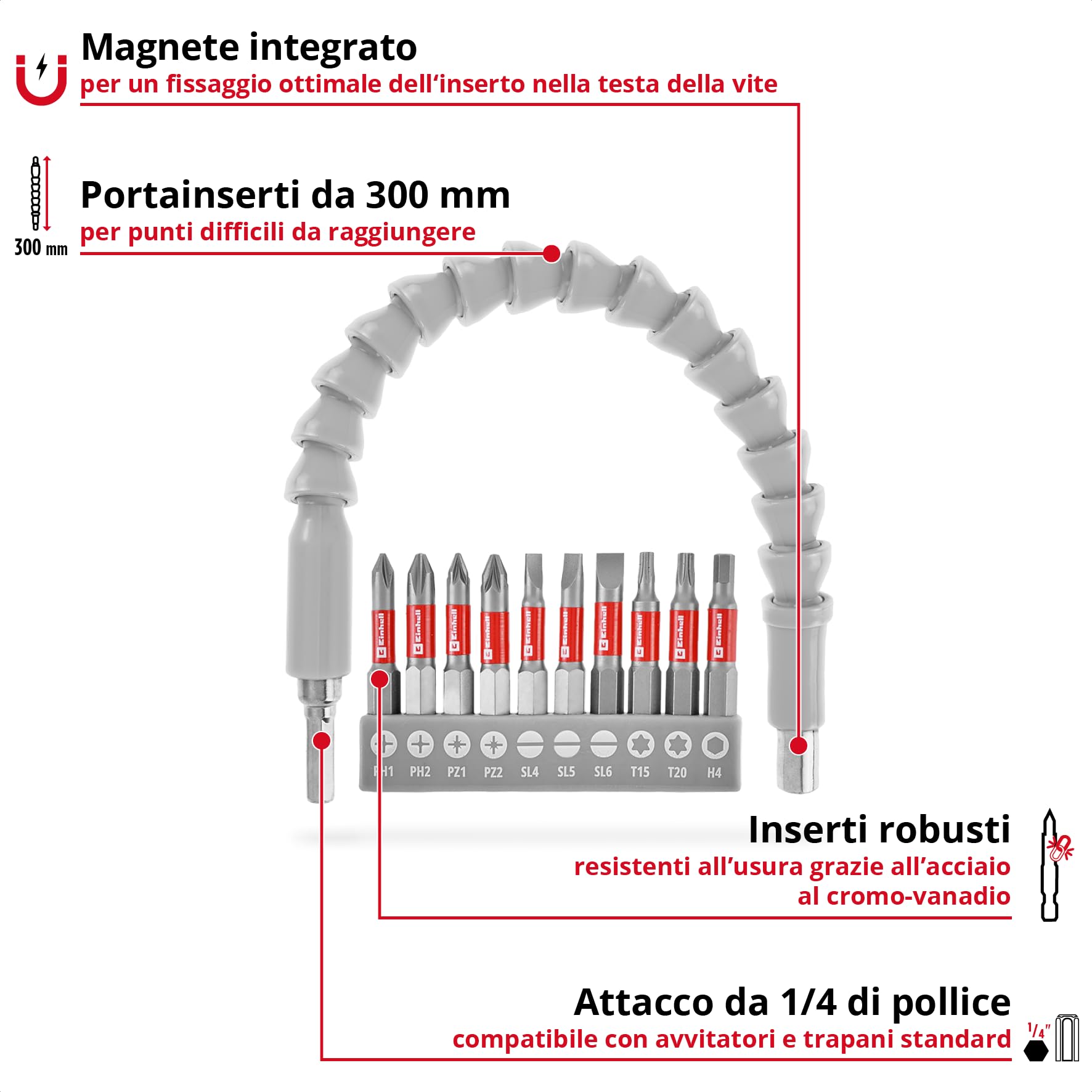 Originale Einhell Set inserti con albero flessibile 11 pz (300 mm, magnete, cromo vanadio, 50 mm, codolo E 6.3, spazi stretti)