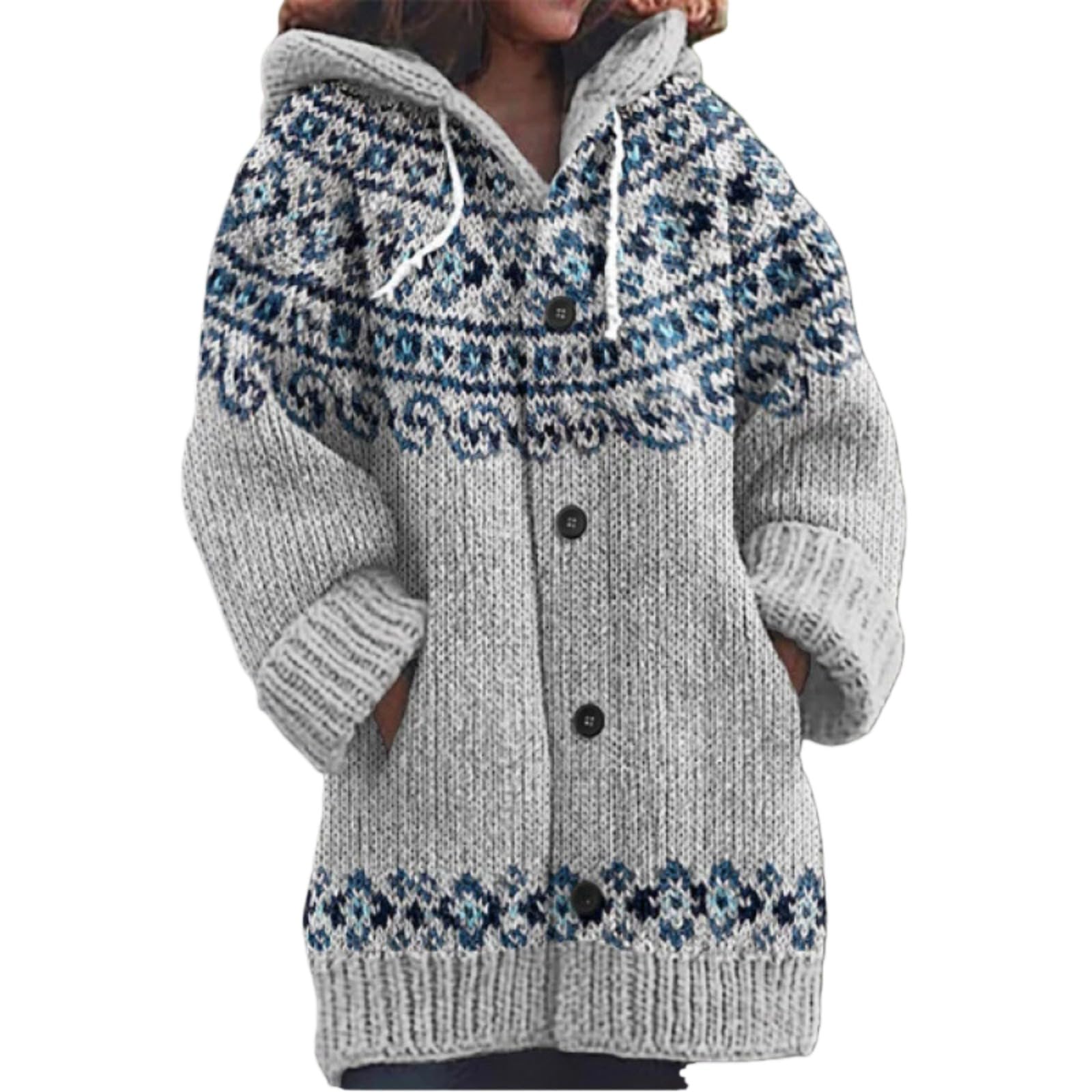 Suéter de punto con capucha floral étnico de gran tamaño para mujer, con cordón ajustable, con estampado colorido, suéteres de punto con botones y bolsillos