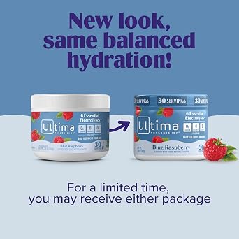 Ultima Replenisher Daily Electrolyte Powder Drink Mix Blue Raspberry, 30 Servings Canister Zero Sugar Hydration Powder with 6 Electrolytes & Minerals Sugar Free, Plant-Based & Keto Friendly