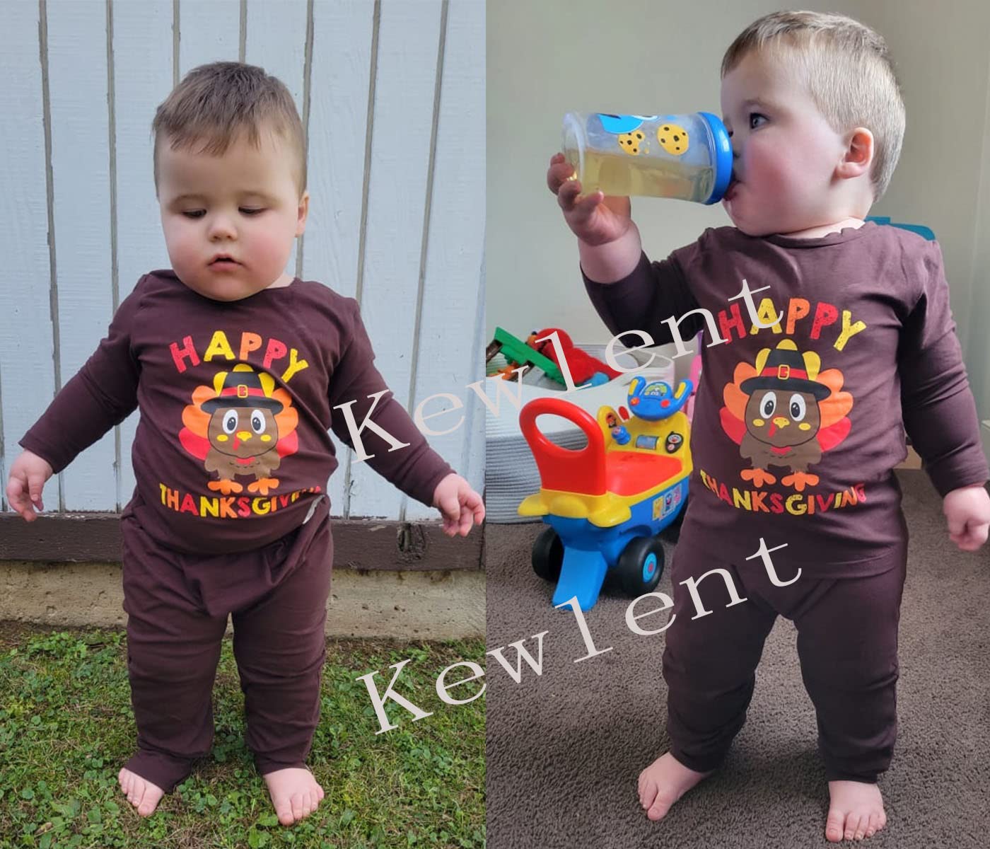 Kewlent Thanksgiving Baby Boys Girls Turkey Print Outfit Toddler long sleeve Pant Set (Brown, 18-24 Months)