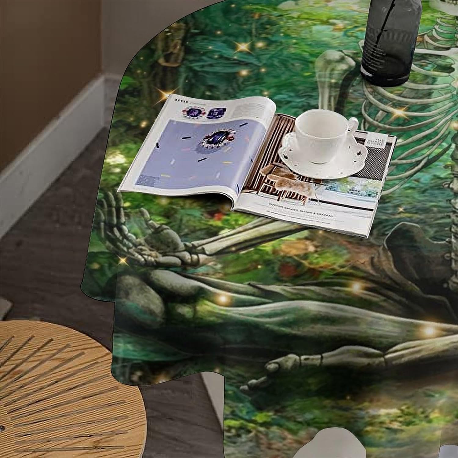 Garden Forest Skeleton Design Tablecloth Round Watercolor Arch Design Flower Skull Fantasy Table Cloth Cover Indoor Outdoor for Dining for Home Party Picnic 60x60in