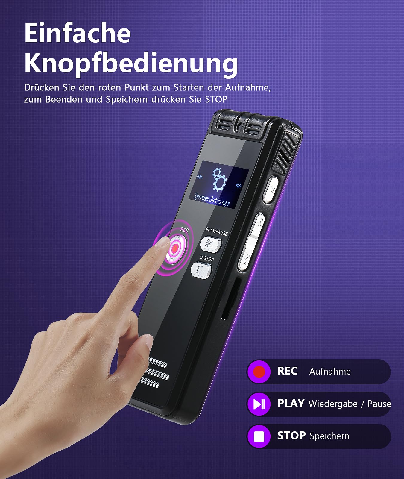 Dictaphone 32 G - 1536 kbps - Enregistreur vocal numérique - Interface Type-C - Appareil d'enregistrement One-Touch-HD Dual MIC pour conférence, entretien, réunion