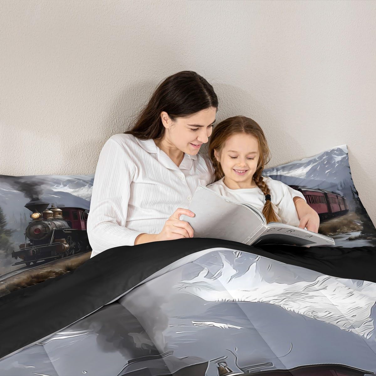 Erosebridal 3D Steam Train Comforter Set Queen Size,Rustic Transport Car Bedding Set,Retro Steam Engine Duvet Insert for Adults Women Men Room Decor,Travel Locomotive Quilt,Red Black