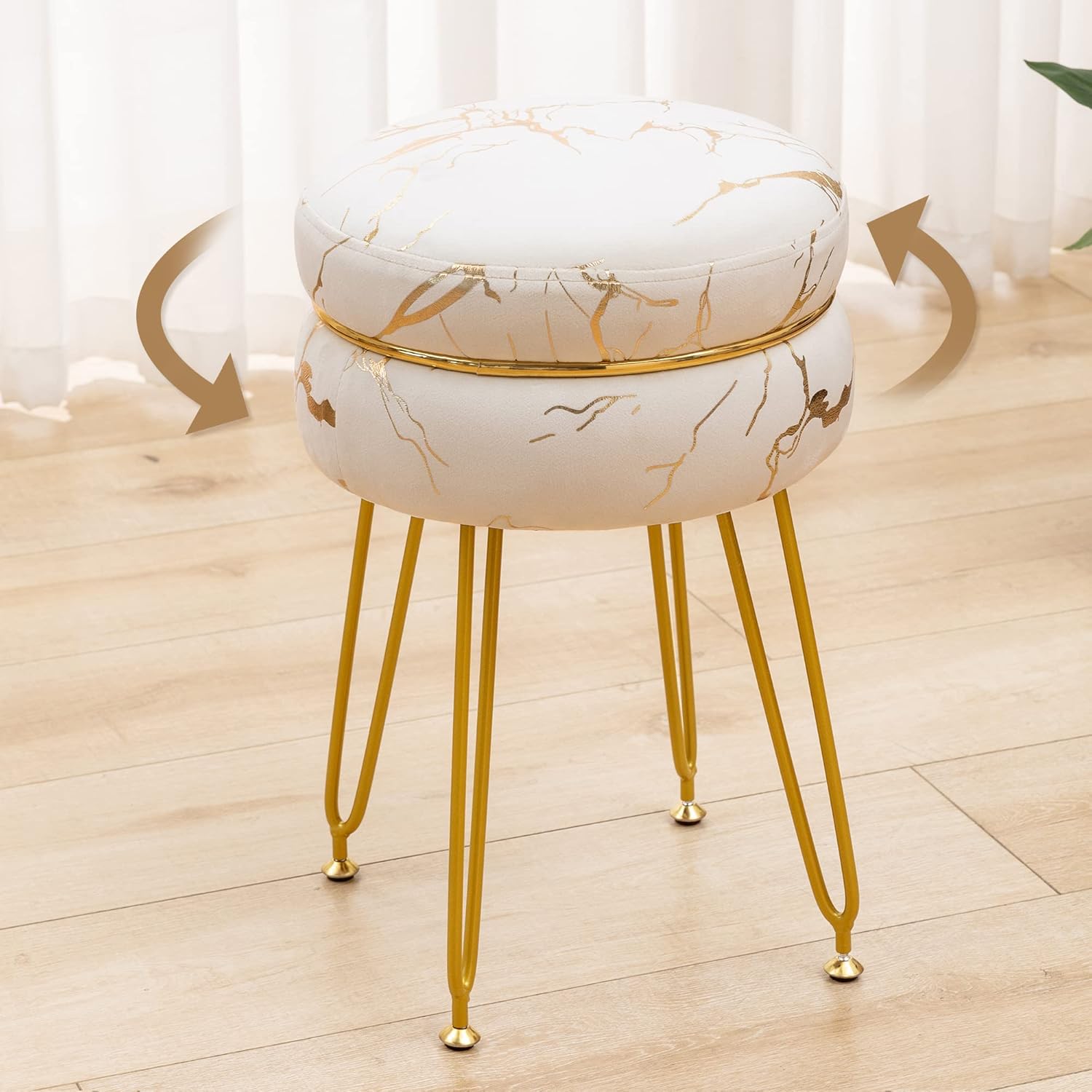 LUE BONA Vanity Stool Chair, 360°Swivel Beige Velvet Makeup Stool