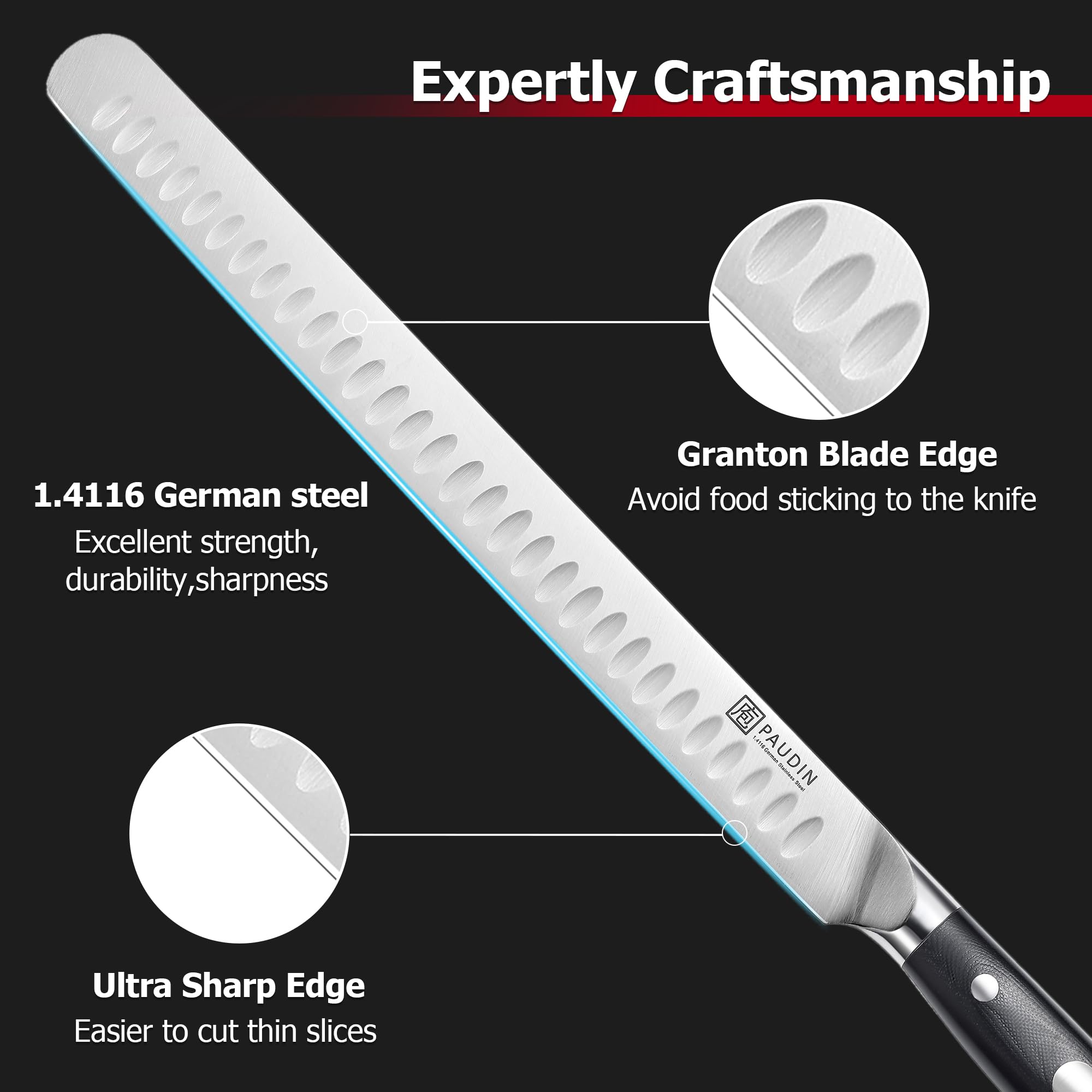 PAUDIN Carving Knife, 12 Inch Brisket Knife, Premium Slicing Knives with Granton Blade for Cutting Smoked Brisket, BBQ Meat, Turkey - Ergonomic G10 Handle