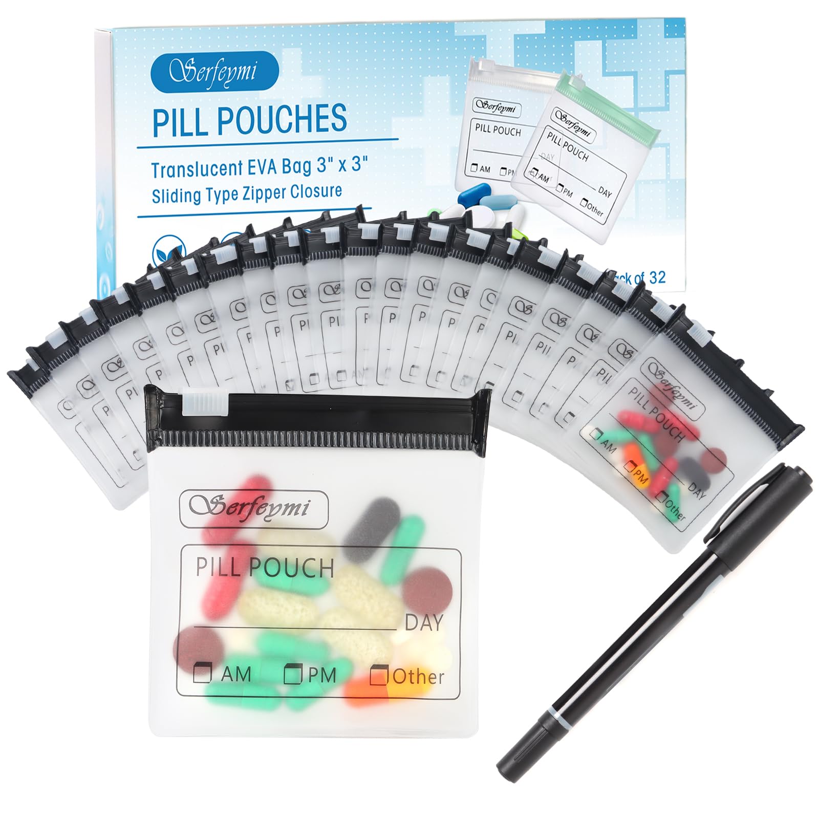Serfeymi 32 Pcs Pill Pouches Bags for Travel 3 x 3 in 12 mil(Double Sided)