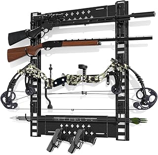 Gun Rack Wall Mount, Holds Up to 120lbs Heavy Duty Steel Gun Rack with Adjustable Width and 14 Mounting J-hooks, Indoor Gun Rack for Wall Horizontal Rifles Shotguns Hooks Bow and Other Gears - GAMOLIST